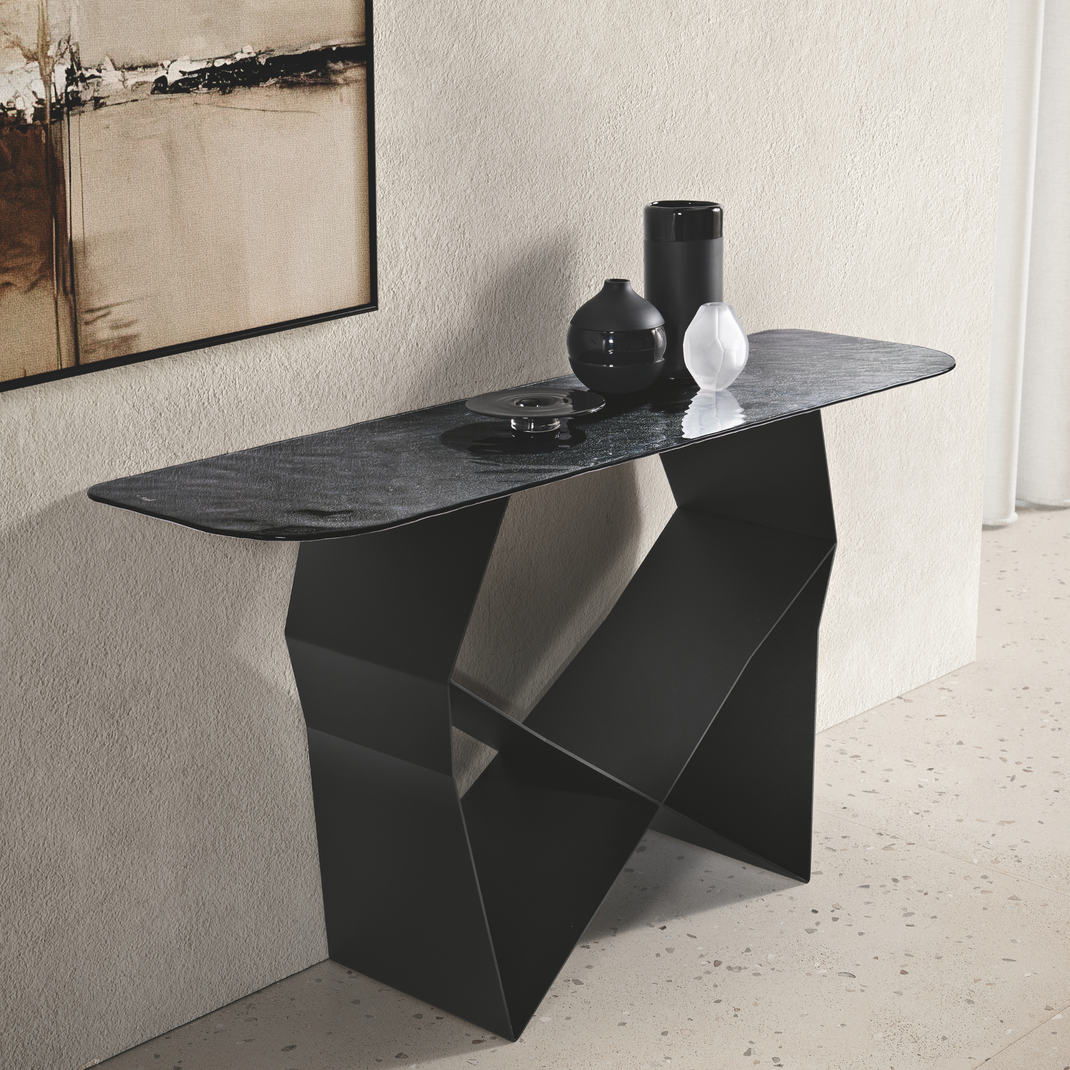 "Forma" console table with painted metal base, 140x40 cm, 76h