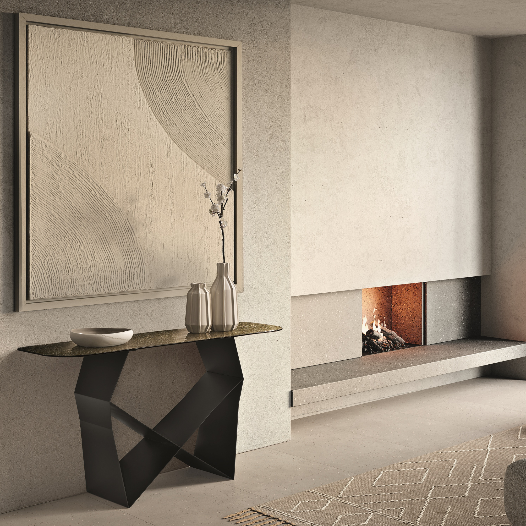 "Forma" console table with painted metal base, 140x40 cm, 76h