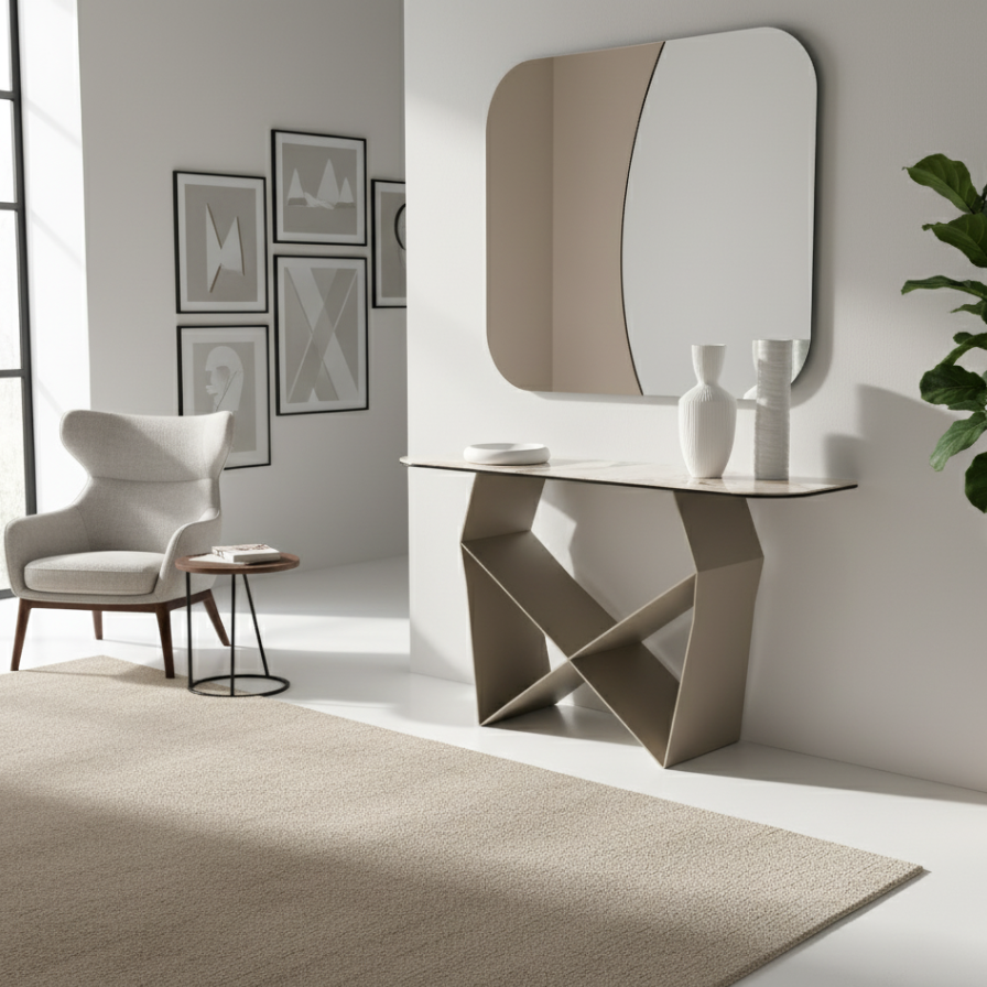 "Forma" console table with painted metal base, 140x40 cm, 76h