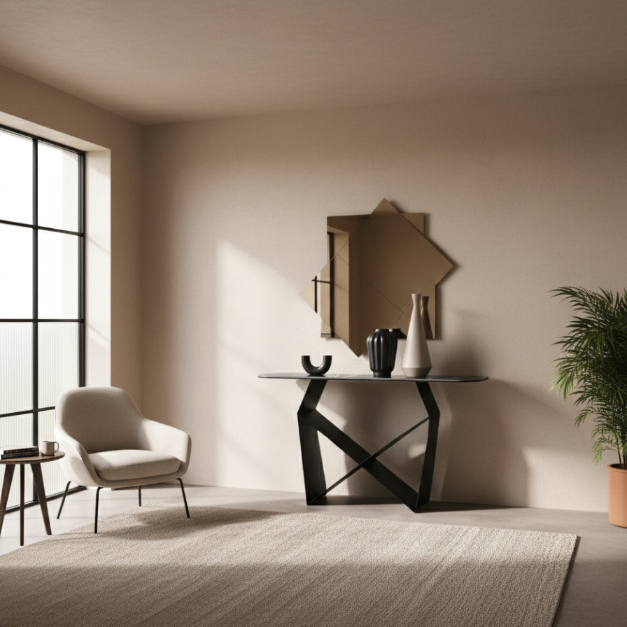 "Forma" console table with painted metal base, 140x40 cm, 76h