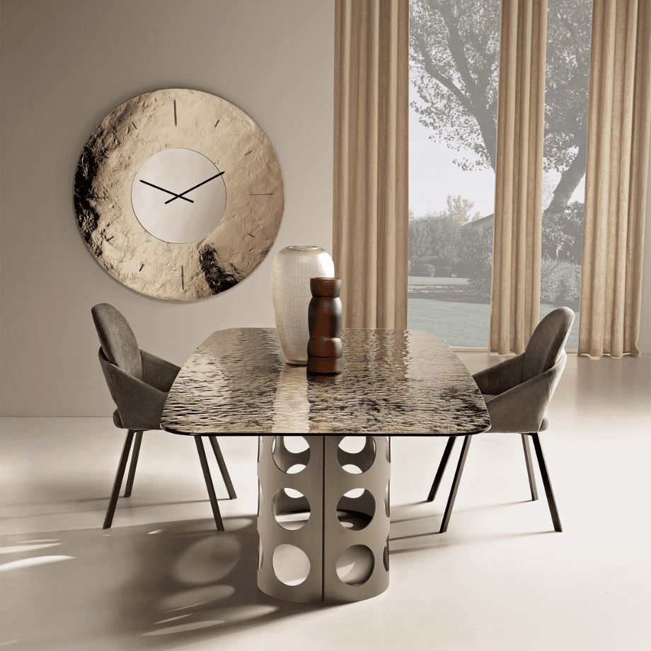 Tavolo fisso "Clover" moderno con piano in vetro martellato retroargentato cm 210x110 75h - MondoViro