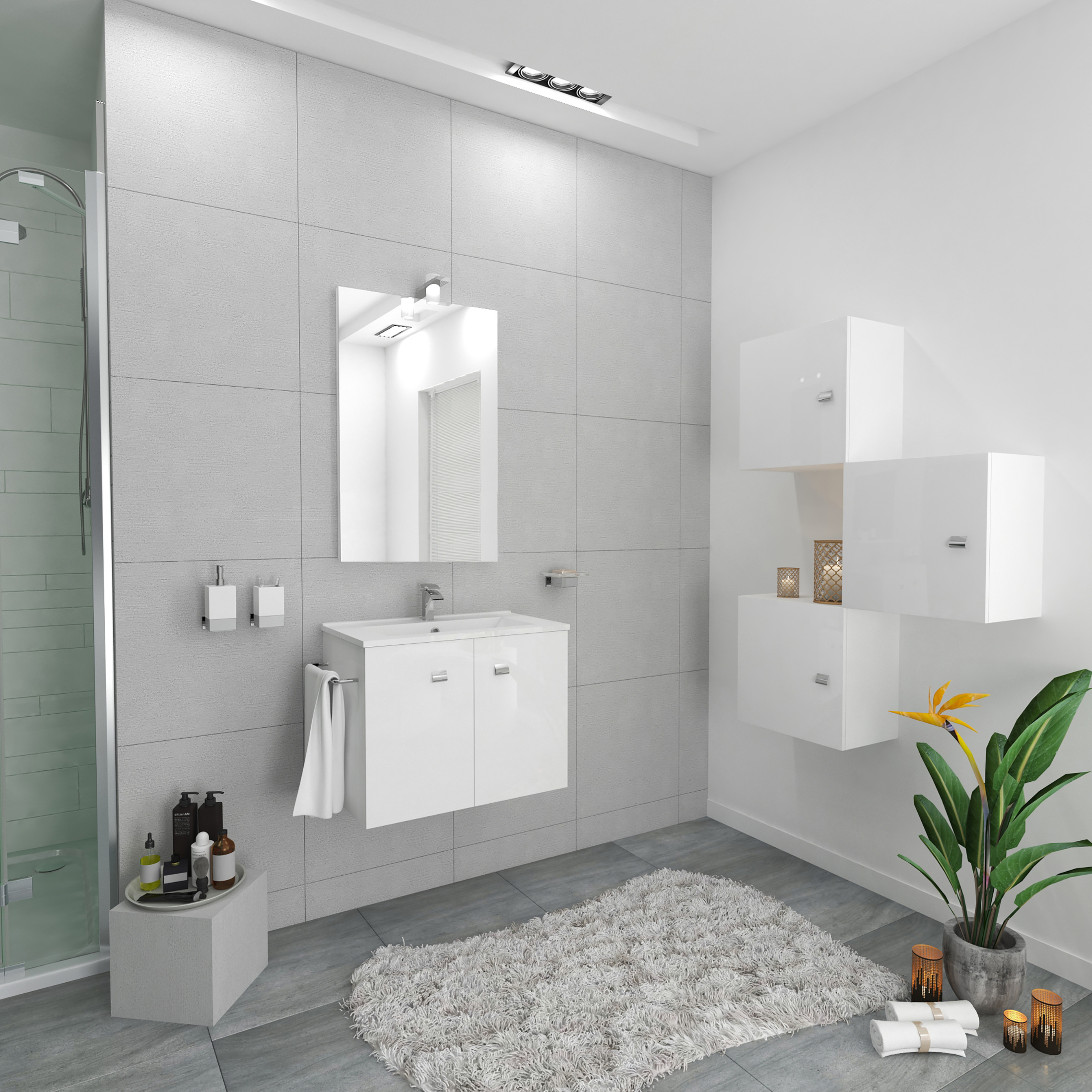 "Moa60" wall-hung bathroom cabinet with integrated rectangular sink, doors with chrome handles and LED mirror