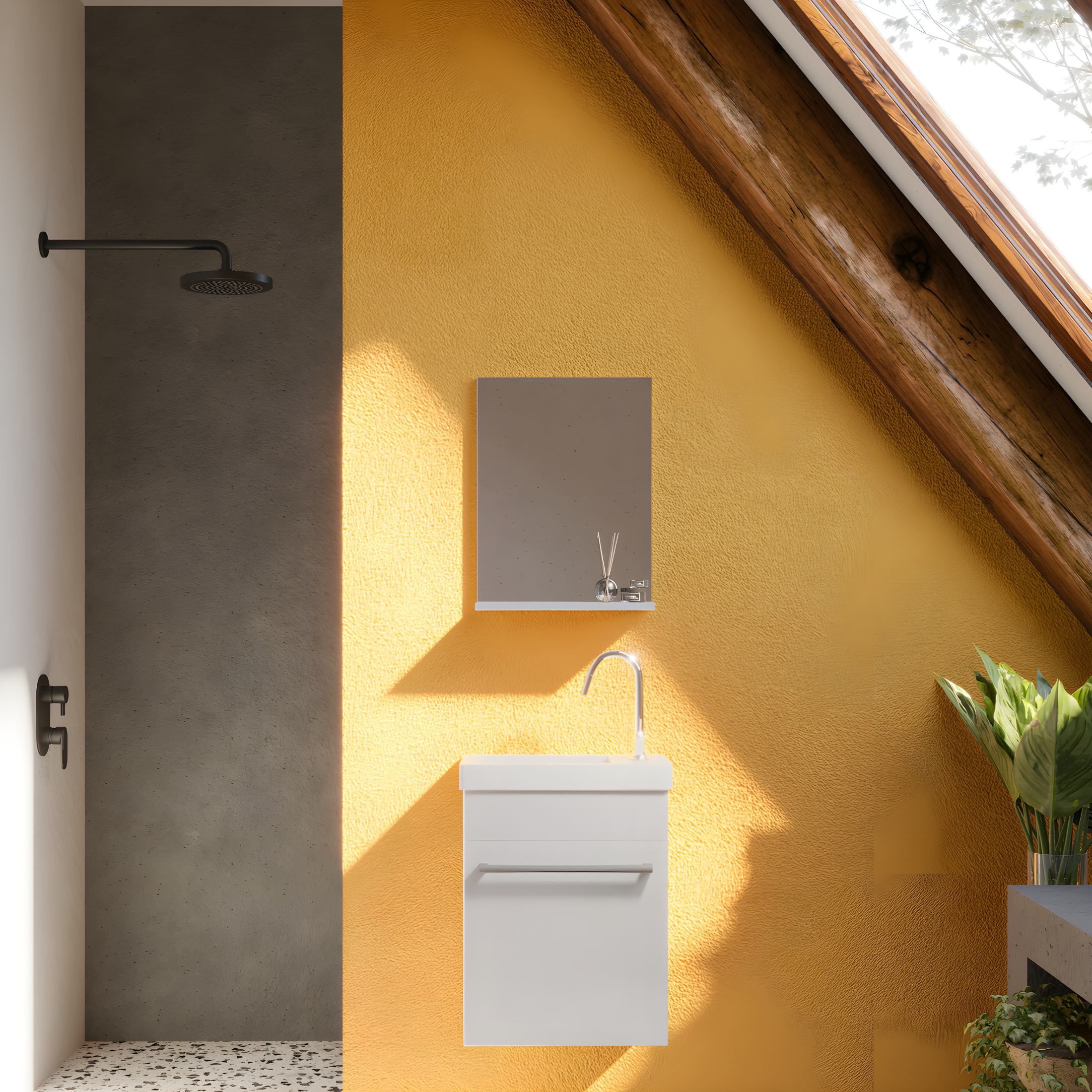 "Kalua" wall-hung bathroom cabinet with integrated ceramic sink and mirror with shelf, 42x23 cm, 105h