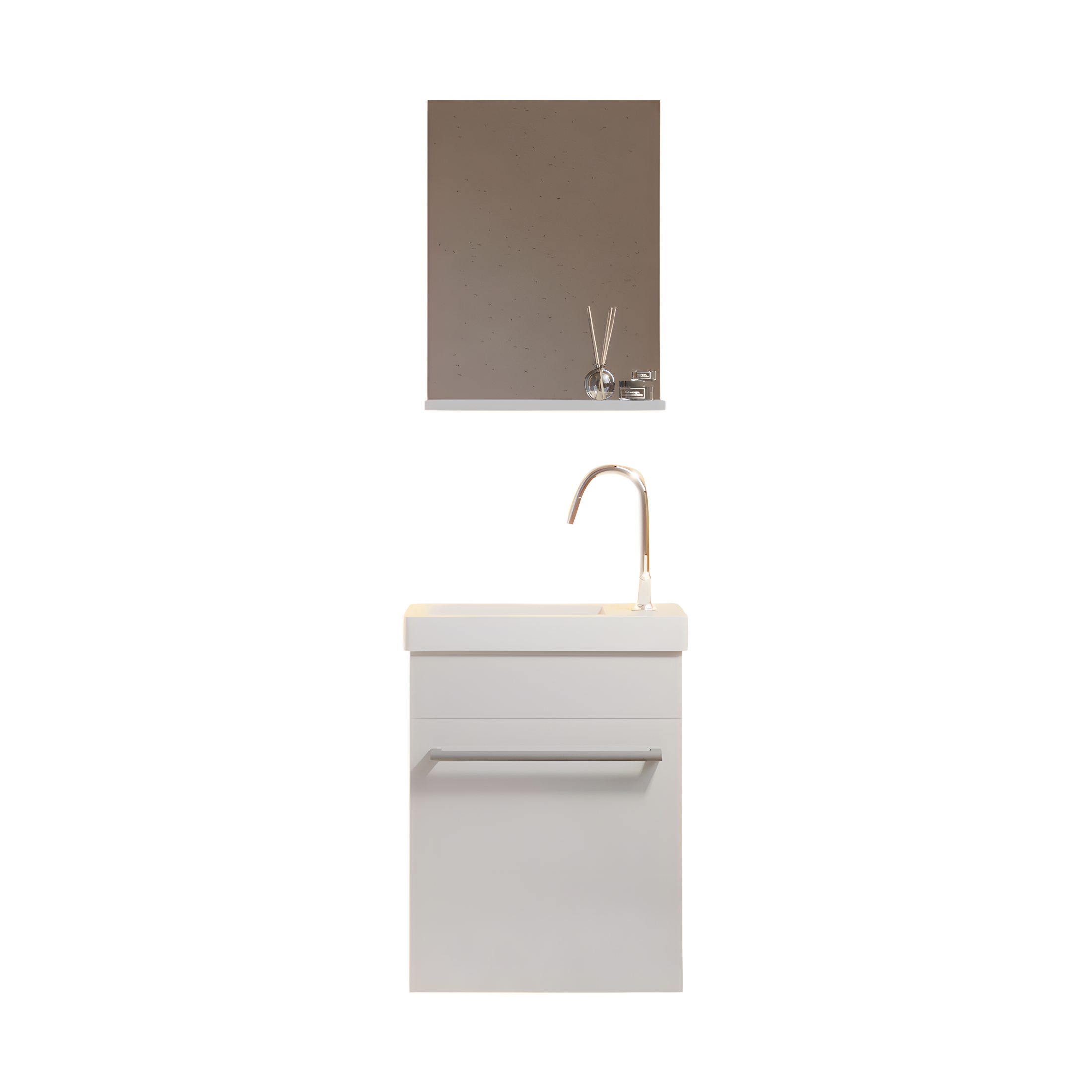 "Kalua" wall-hung bathroom cabinet with integrated ceramic sink and mirror with shelf, 42x23 cm, 105h