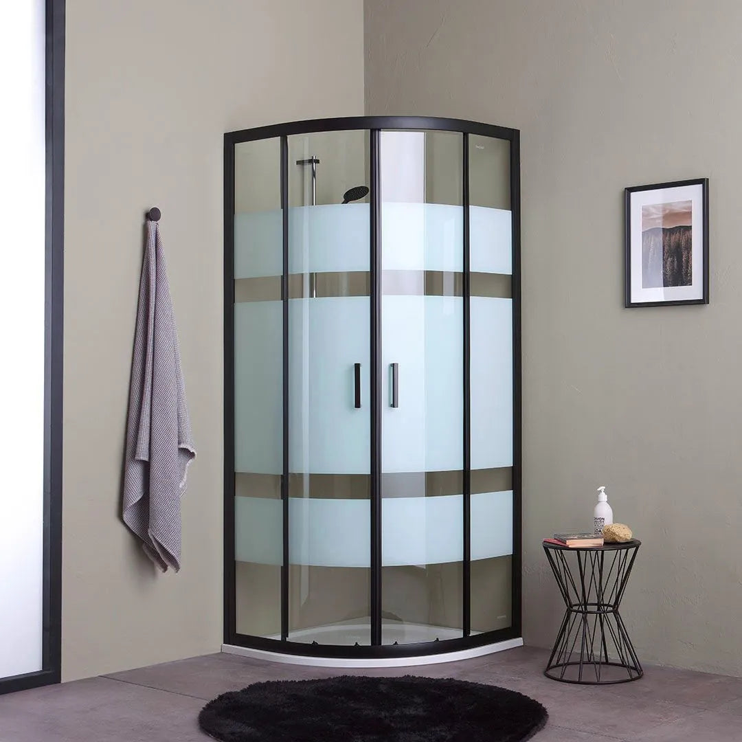 Semicircular "Cielo One" bathroom shower enclosure in silk-screened glass with a matt black frame