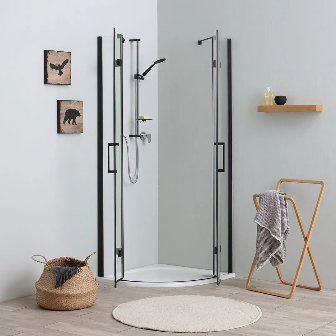 "Lions Two" semicircular corner shower enclosure in matt black glass without profiles