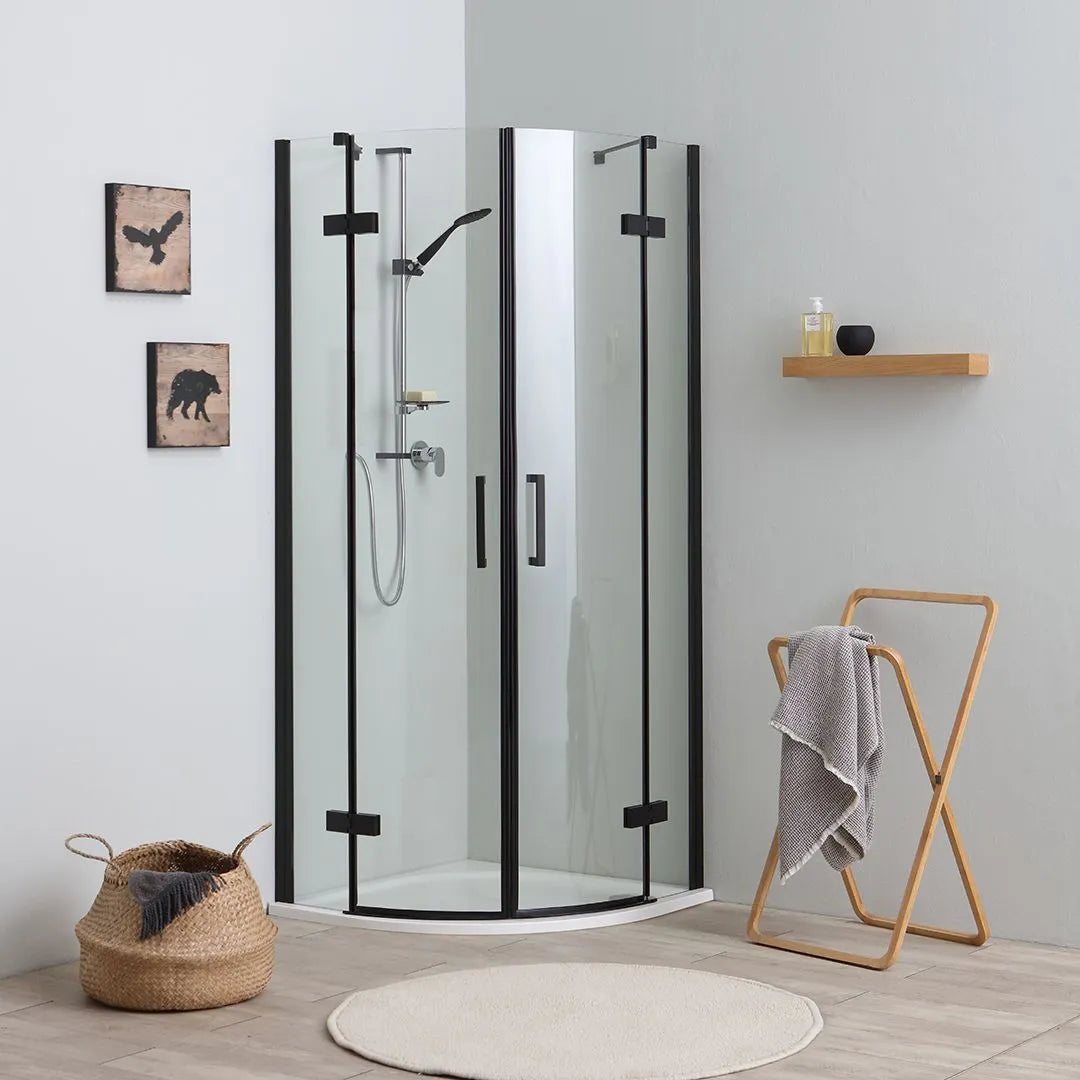 "Lions Two" semicircular corner shower enclosure in matt black glass without profiles
