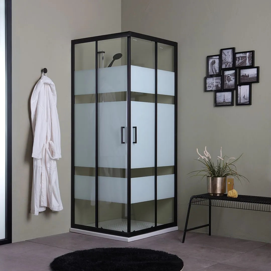 Modern "Cielo" sliding shower enclosure with silkscreened finish and matt black profile