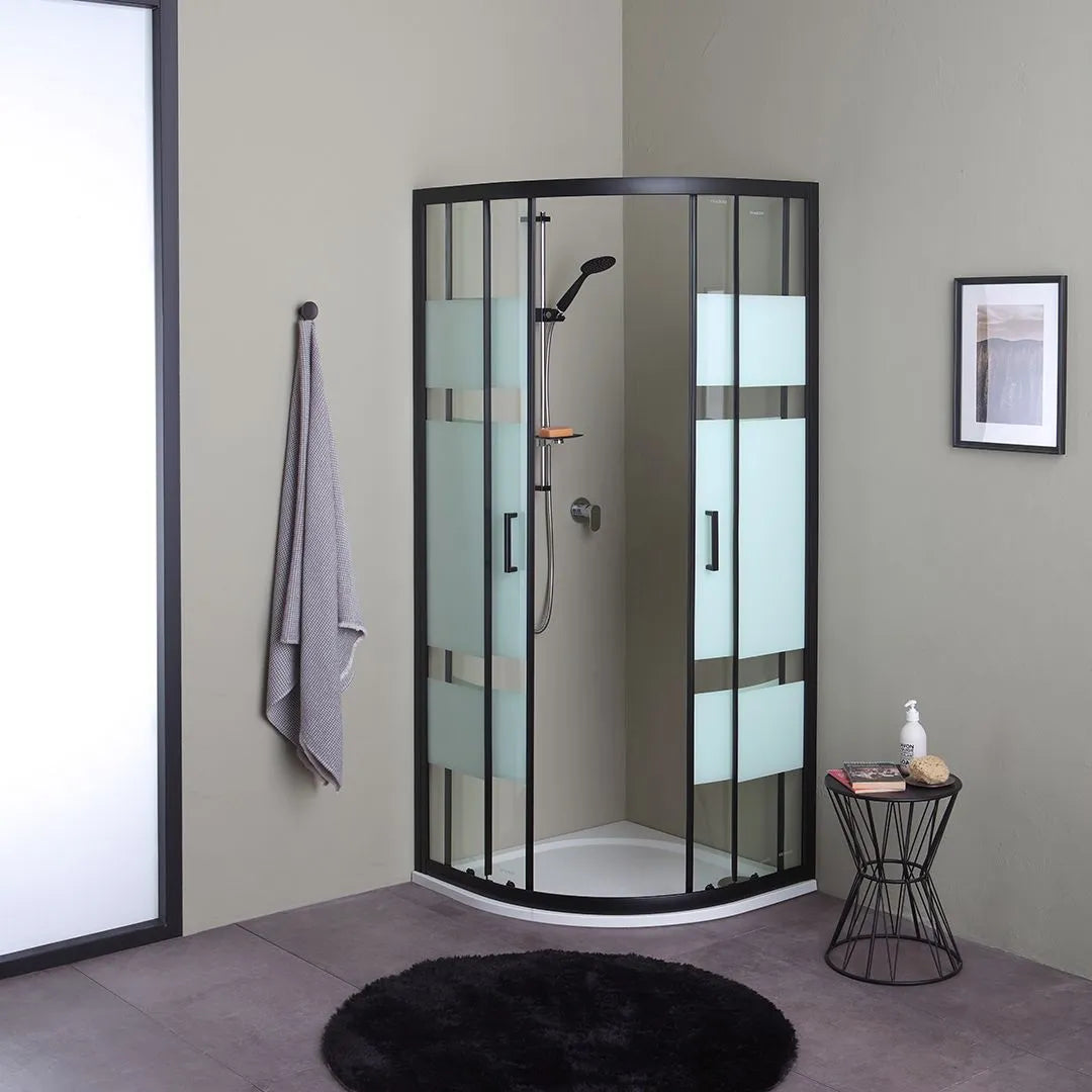 Semicircular "Cielo One" bathroom shower enclosure in silk-screened glass with a matt black frame