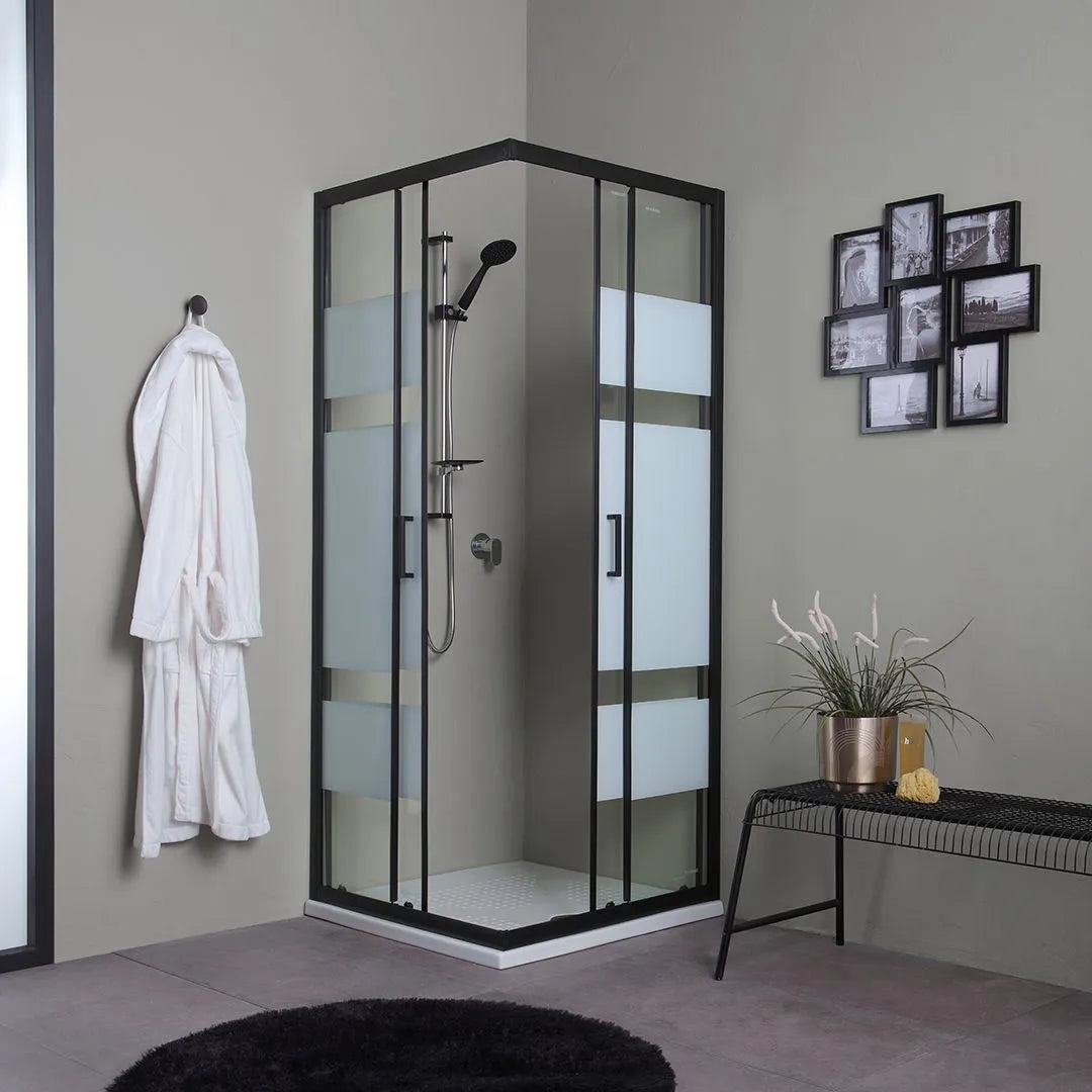 Modern "Cielo" sliding shower enclosure with silkscreened finish and matt black profile