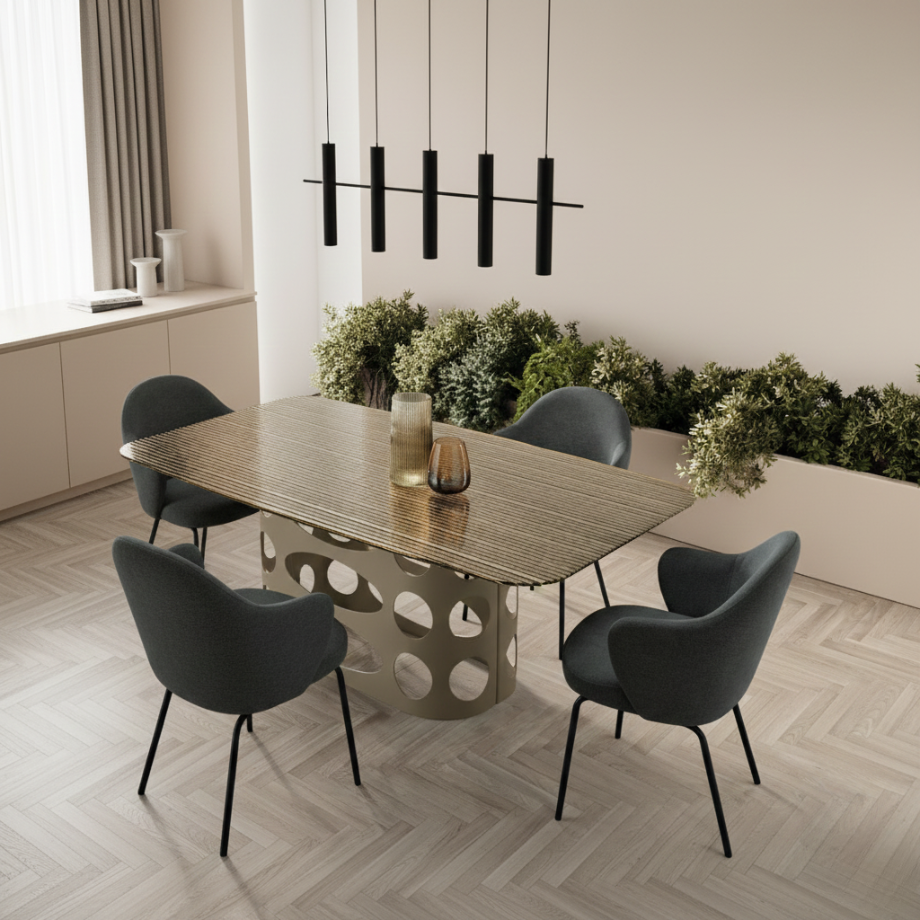 Fixed dining table "Master" with back-silvered ribbed glass top and perforated metal base, 210x110 cm, 75 cm high