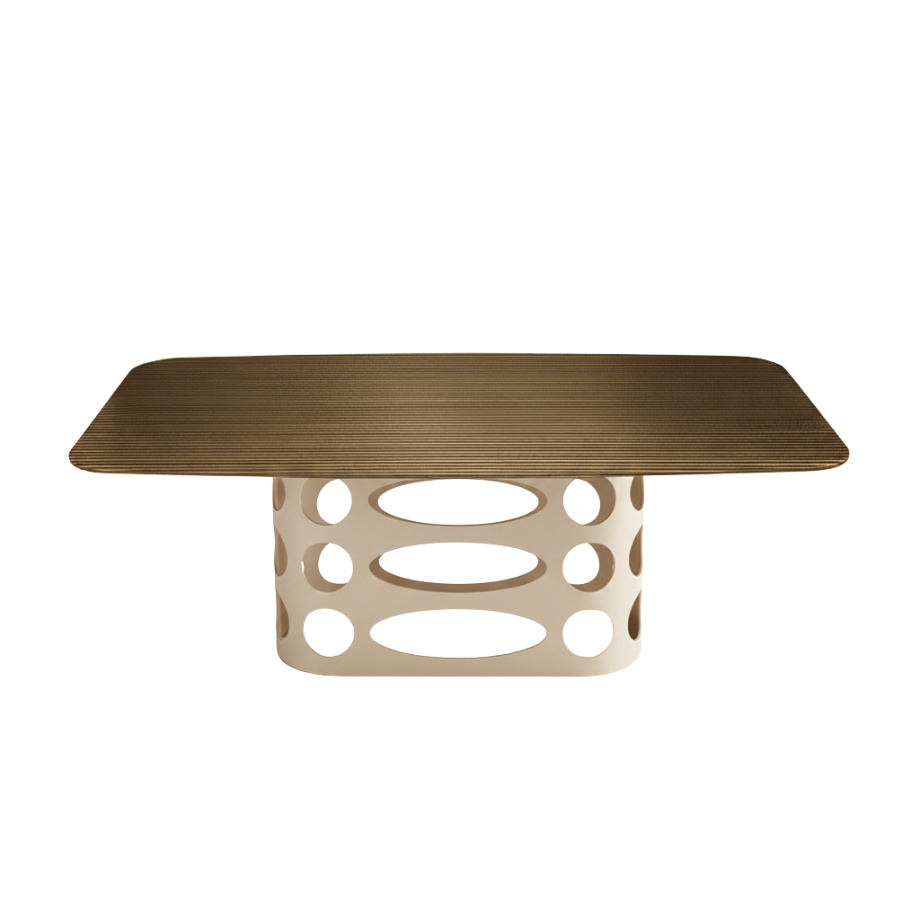 Fixed dining table "Master" with back-silvered ribbed glass top and perforated metal base, 210x110 cm, 75 cm high