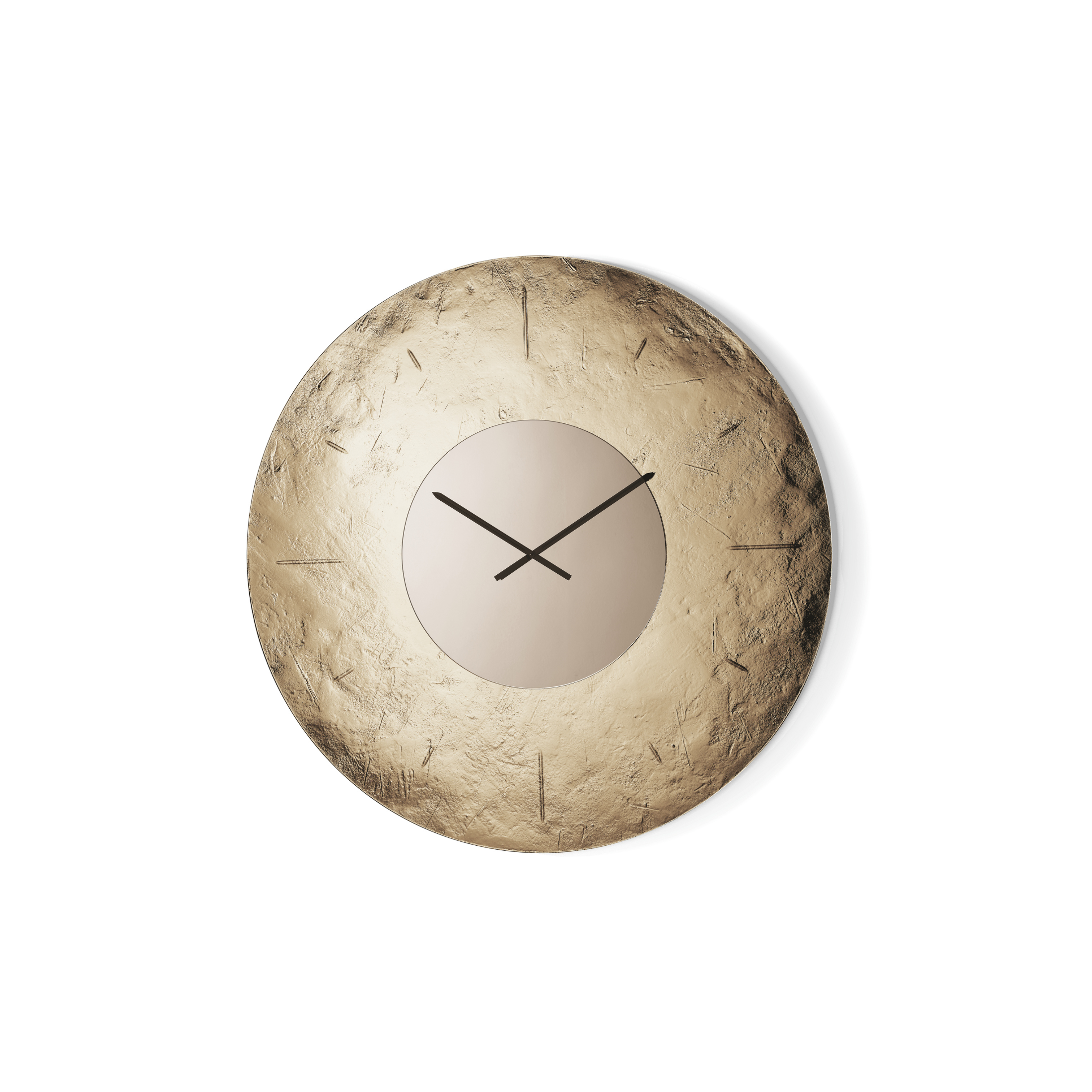 "Kronis" wall clock in hammered fused glass, back-silvered with mirrored insert and machine-engraved numbers