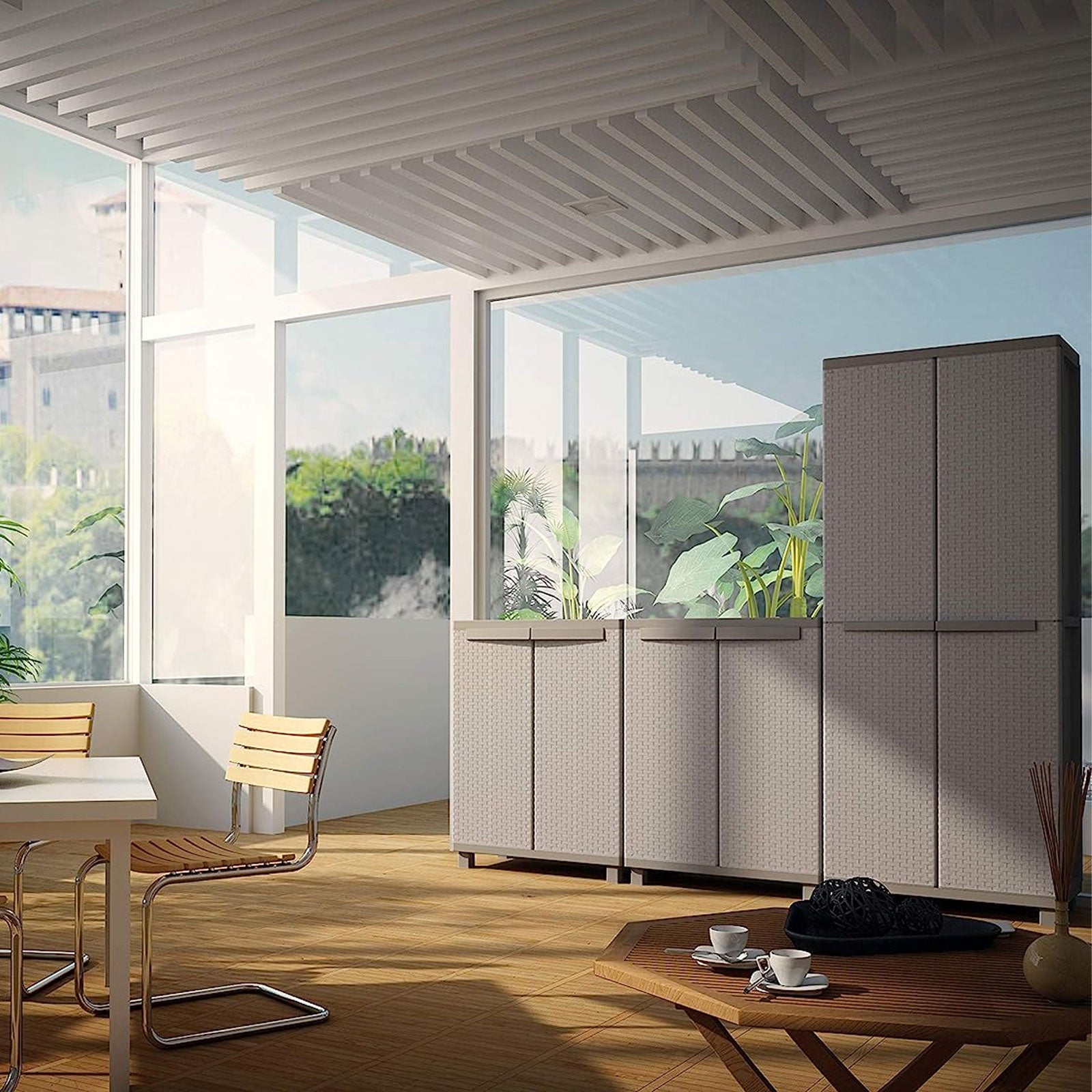 "C-Rattan" grey outdoor broom cupboard with 2 plastic doors and shelves