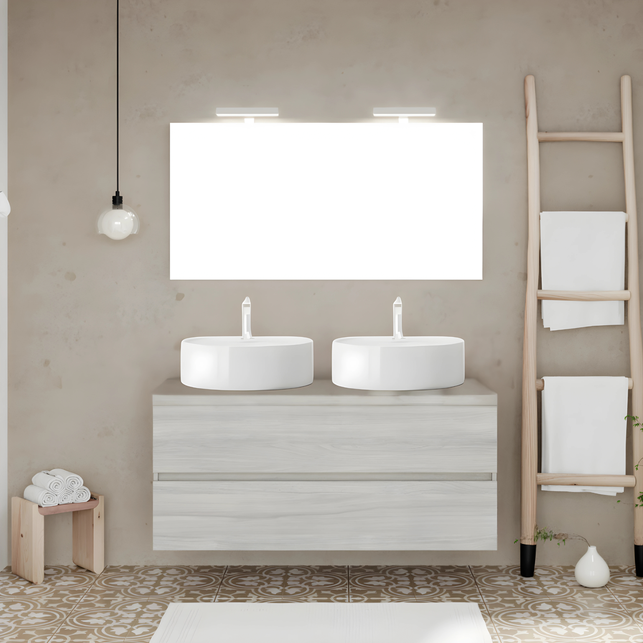 "Tara3" wall-hung bathroom cabinet with oval countertop washbasin, top and LED mirror
