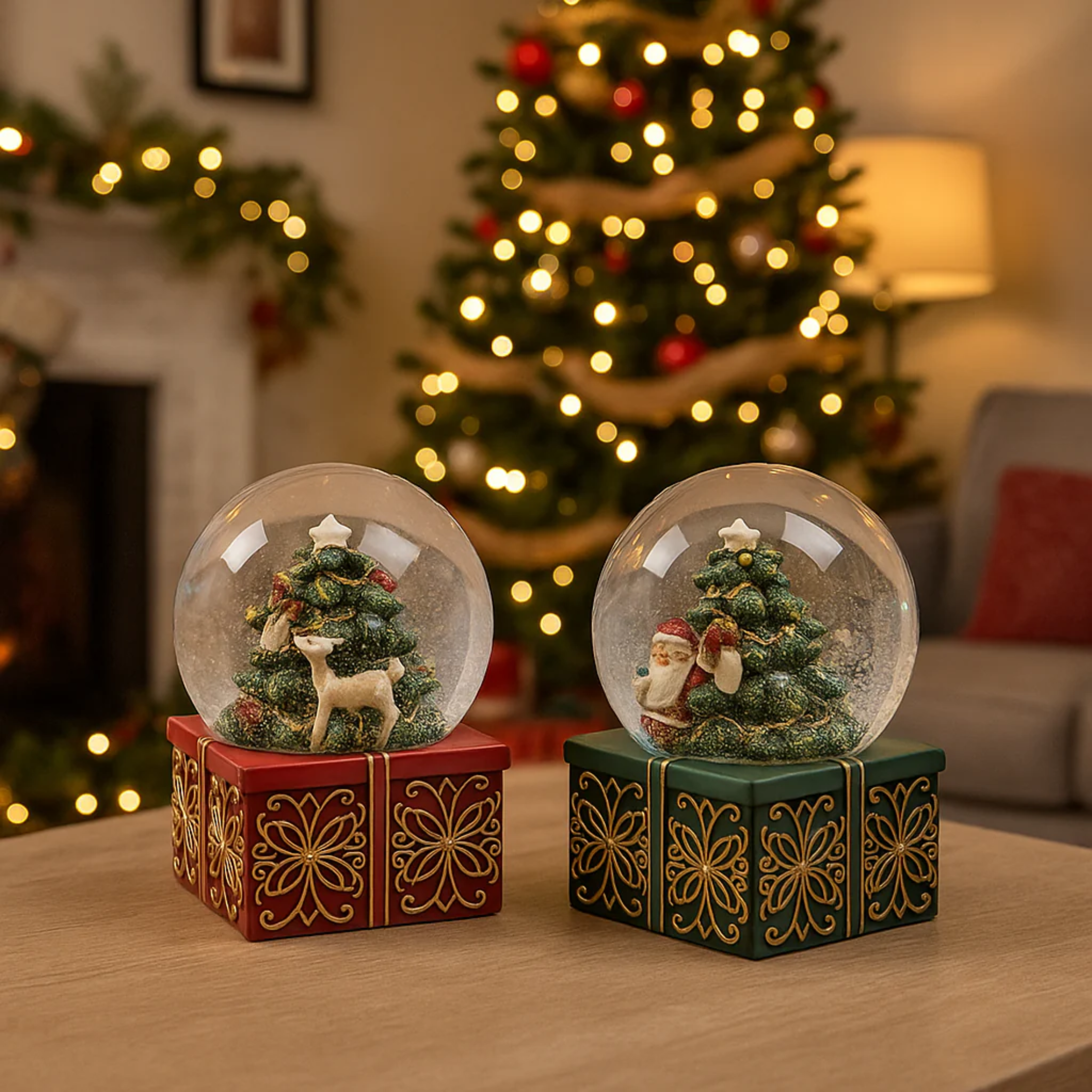 Water sphere music box with Santa Claus and reindeer, Christmas decoration 9x14.5 cm