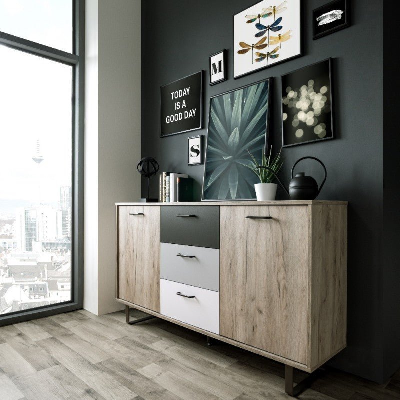 Madia 2 ante 3 cassetti in legno "Orlando" piedi in metallo cm 160x35 86h - MondoViro