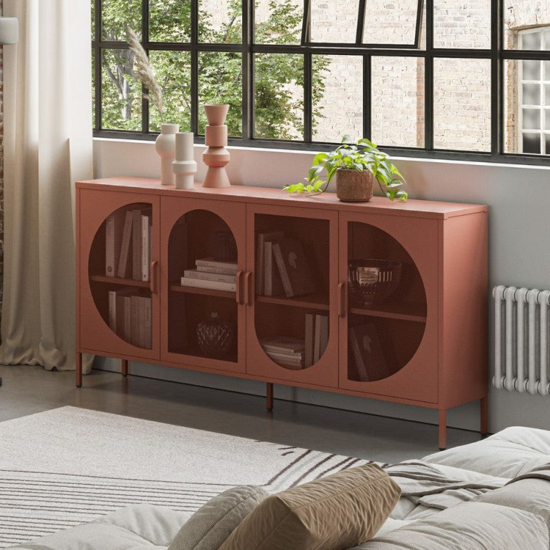 Modern 4-door metal sideboard "Tayra" 3-shelf terracotta 160x40 cm 90h
