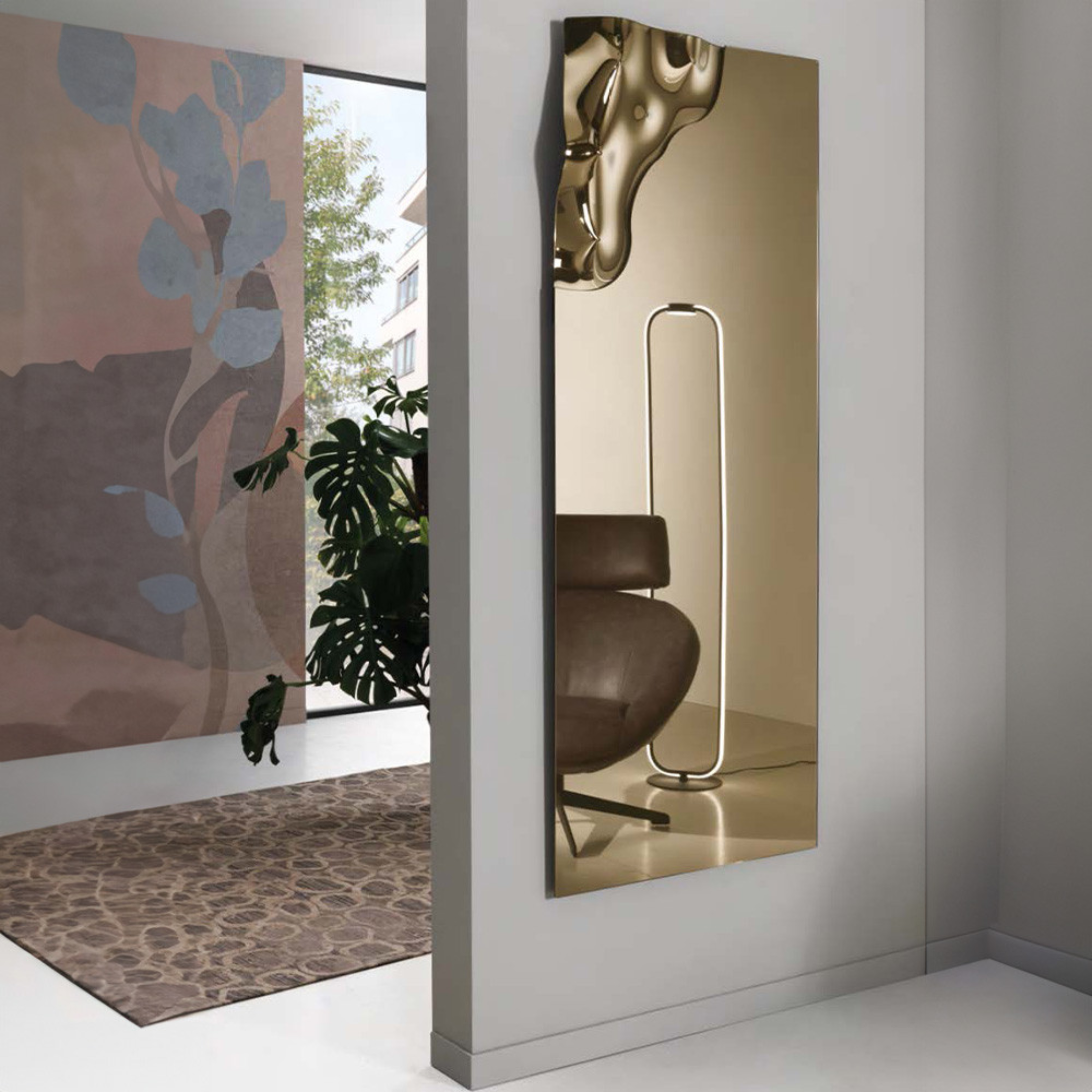 "Letizia" modern rectangular mirror with fused glass corner, 170x68 cm h