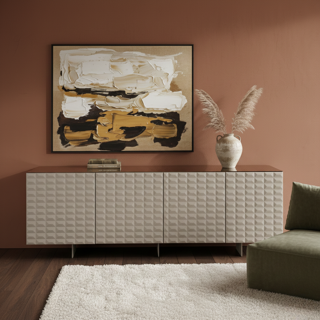 Dove-grey "Diamantum" living room sideboard with metal cross-leg and bronze mirrored glass top