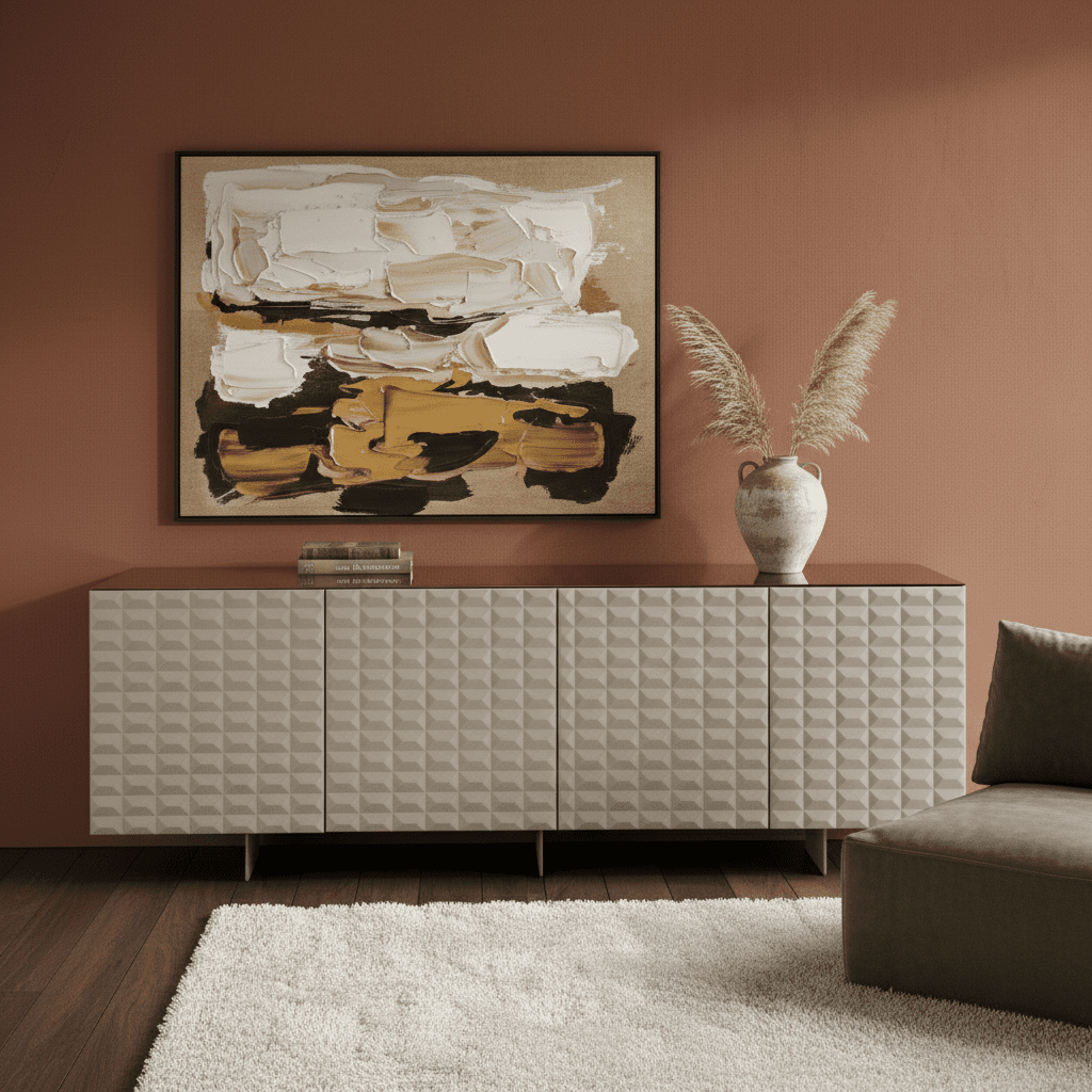 Madia da soggiorno tortora "Diamantum" con piede traverso in metallo e top in vetro specchiato bronzo - MondoViro