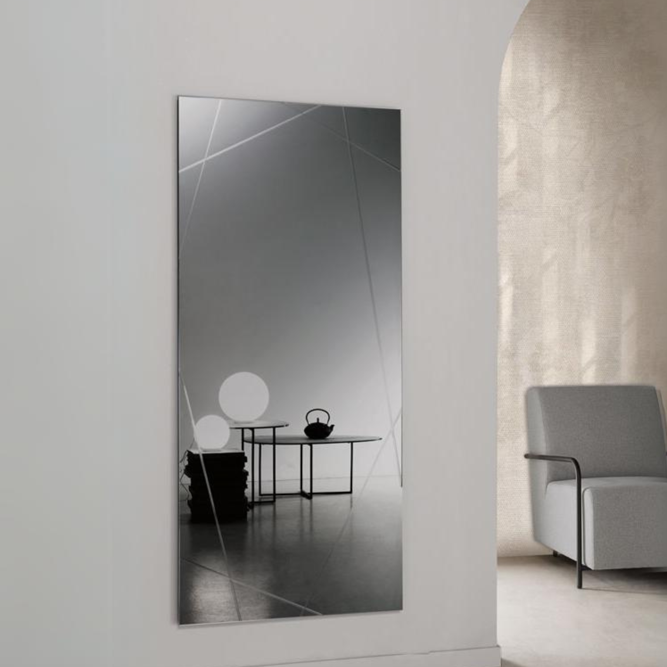 "Nilufar" modern wall mirror with laser engravings, 70x160 cm.
