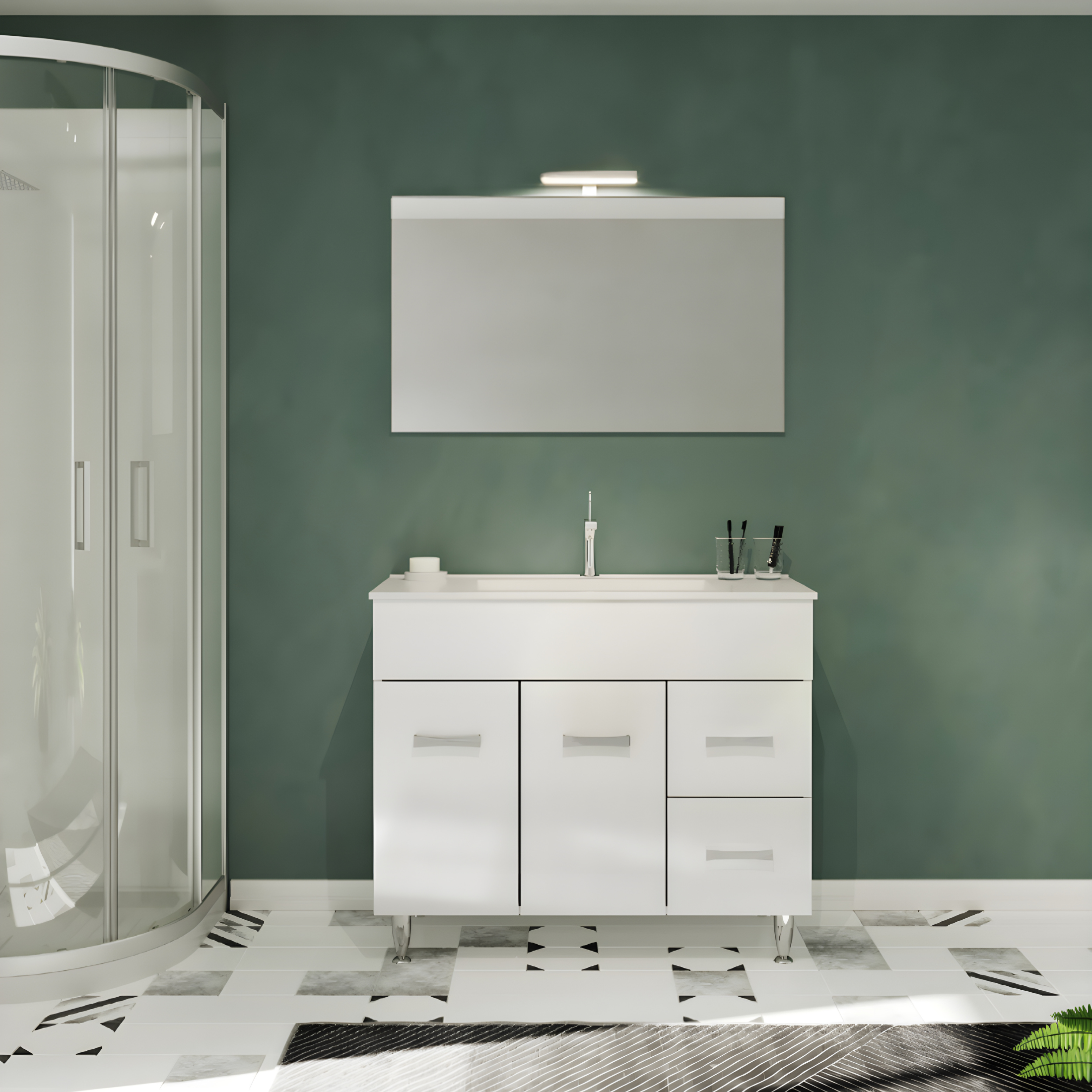 "Elendir" bathroom cabinet with integrated ceramic sink, handles and chrome feet