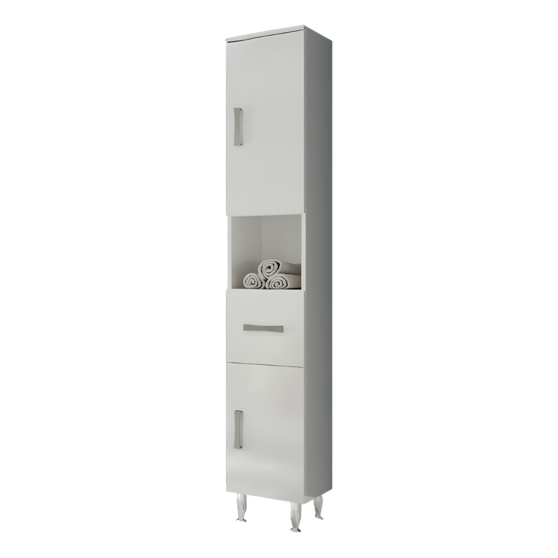 "Elendir" bathroom cabinet with integrated ceramic sink, handles and chrome feet