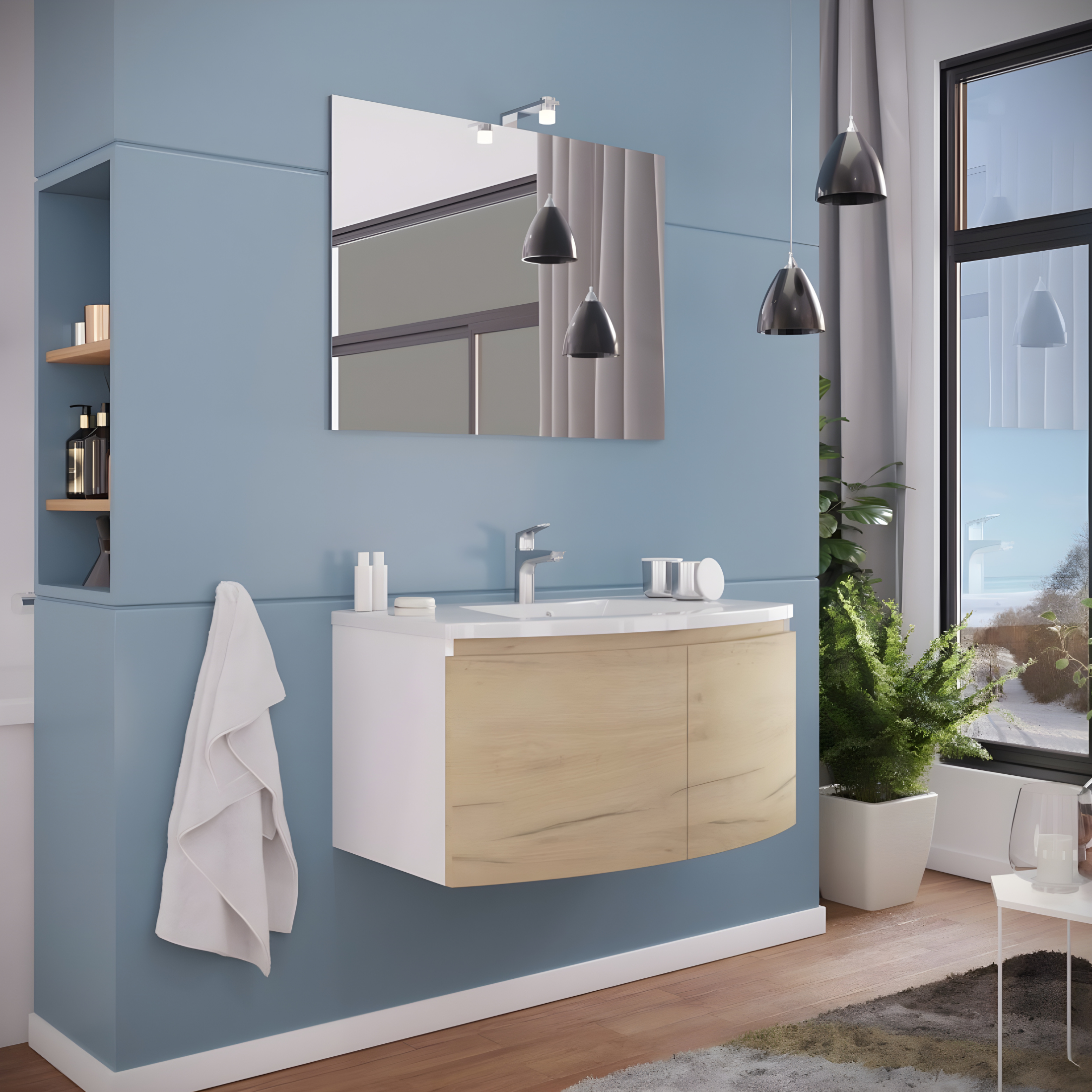 "Ettore" wall-hung bathroom cabinet with 2 doors, LED mirror and 80x49 cm 42h ceramic sink