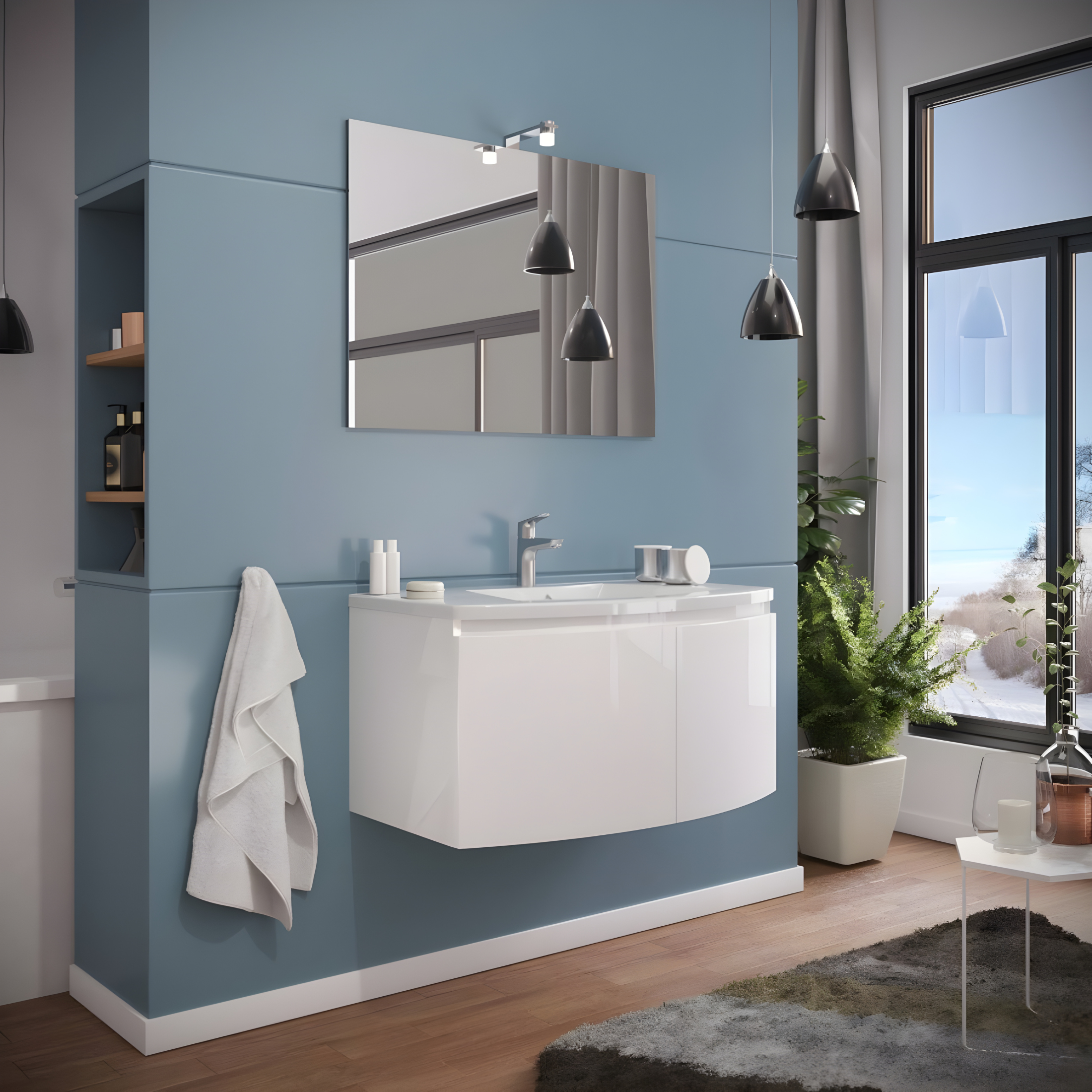 "Ettore" wall-hung bathroom cabinet with 2 doors, LED mirror and 80x49 cm 42h ceramic sink