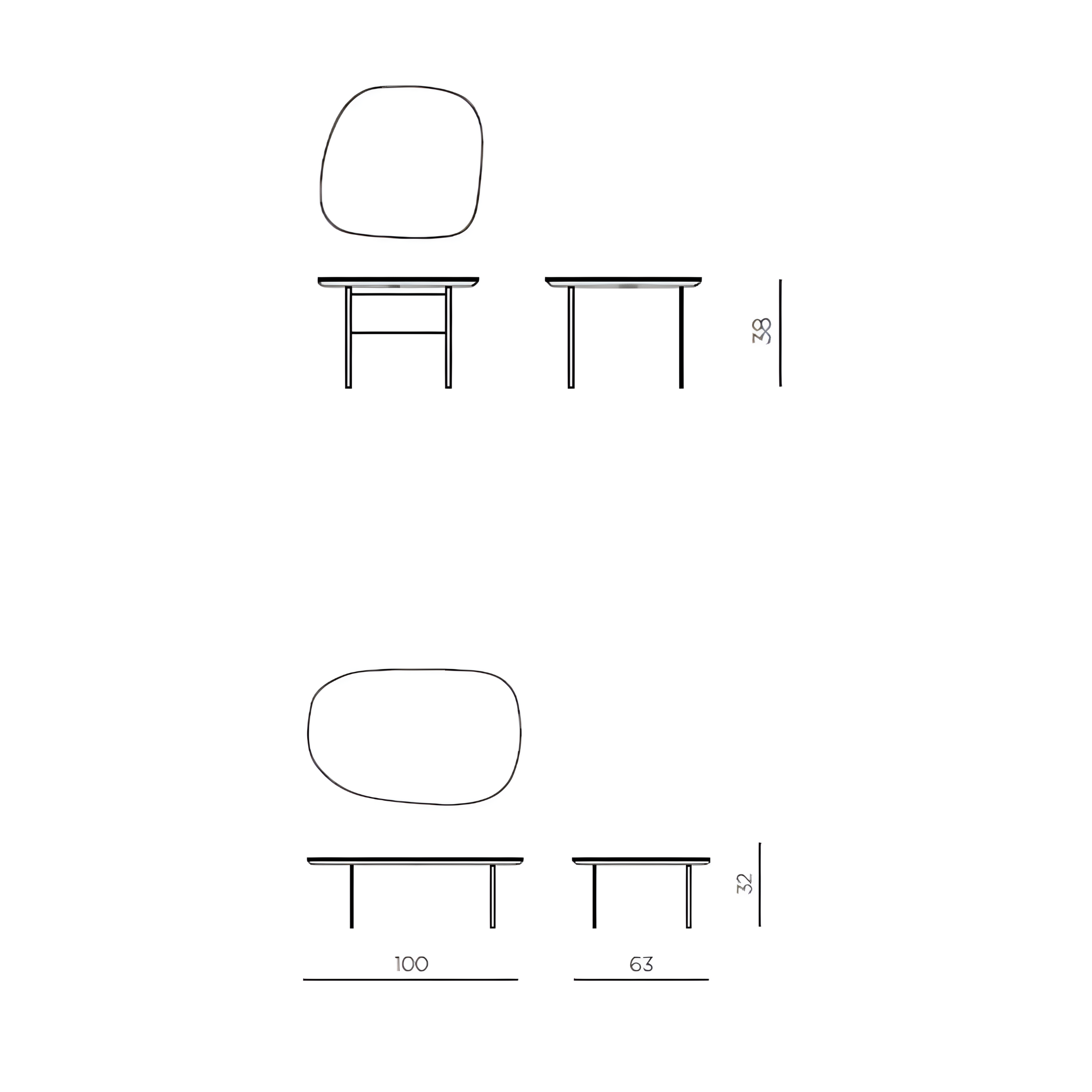 Modern "Flex" coffee table with shaped top and metal legs