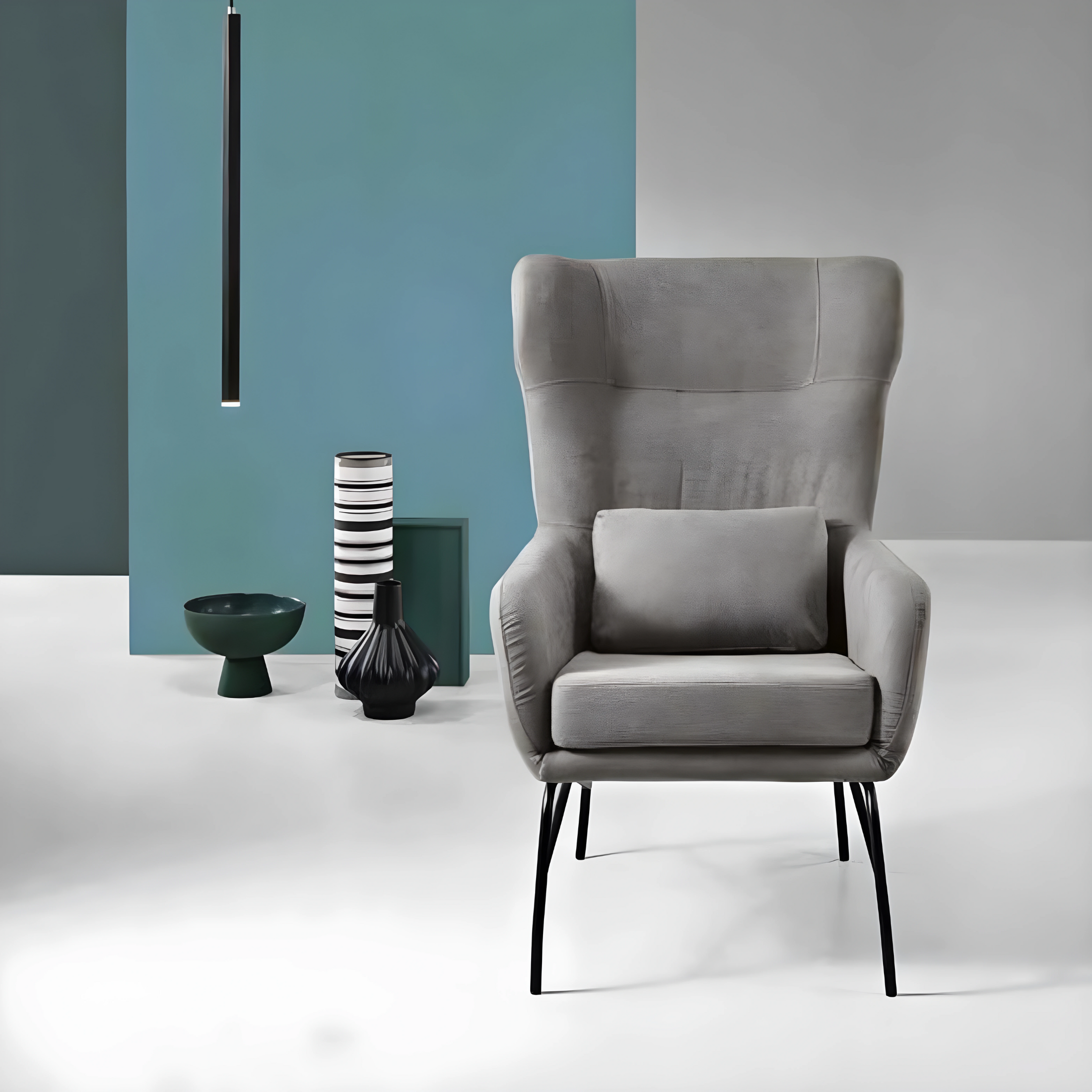 Sillón "Artemide" de tela con patas de metal pintado, 75x65 cm, alto 100 cm.