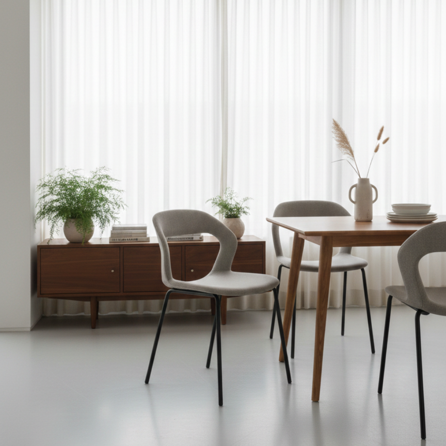 Set of "Gildus" upholstered chairs in fabric with enveloping backrest and central opening cm 54x51 87h