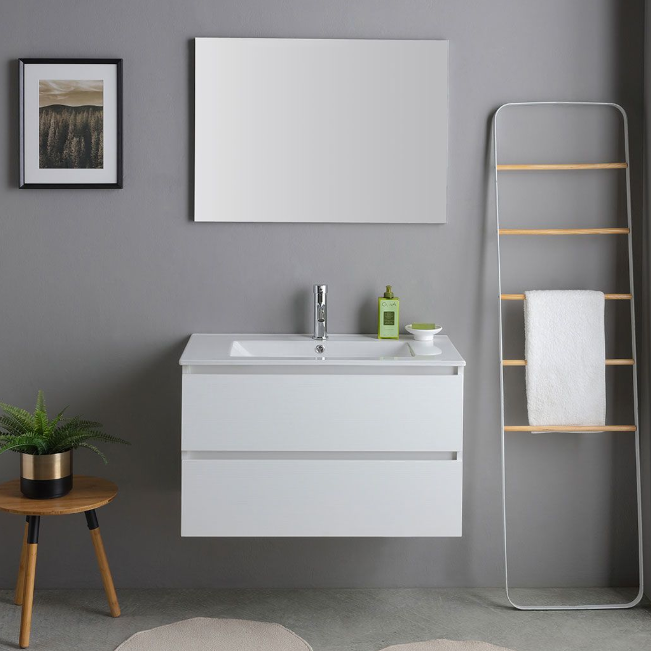 White "Havana Plus" bathroom cabinet with 2 drawers and integrated ceramic washbasin mirror, 80 cm