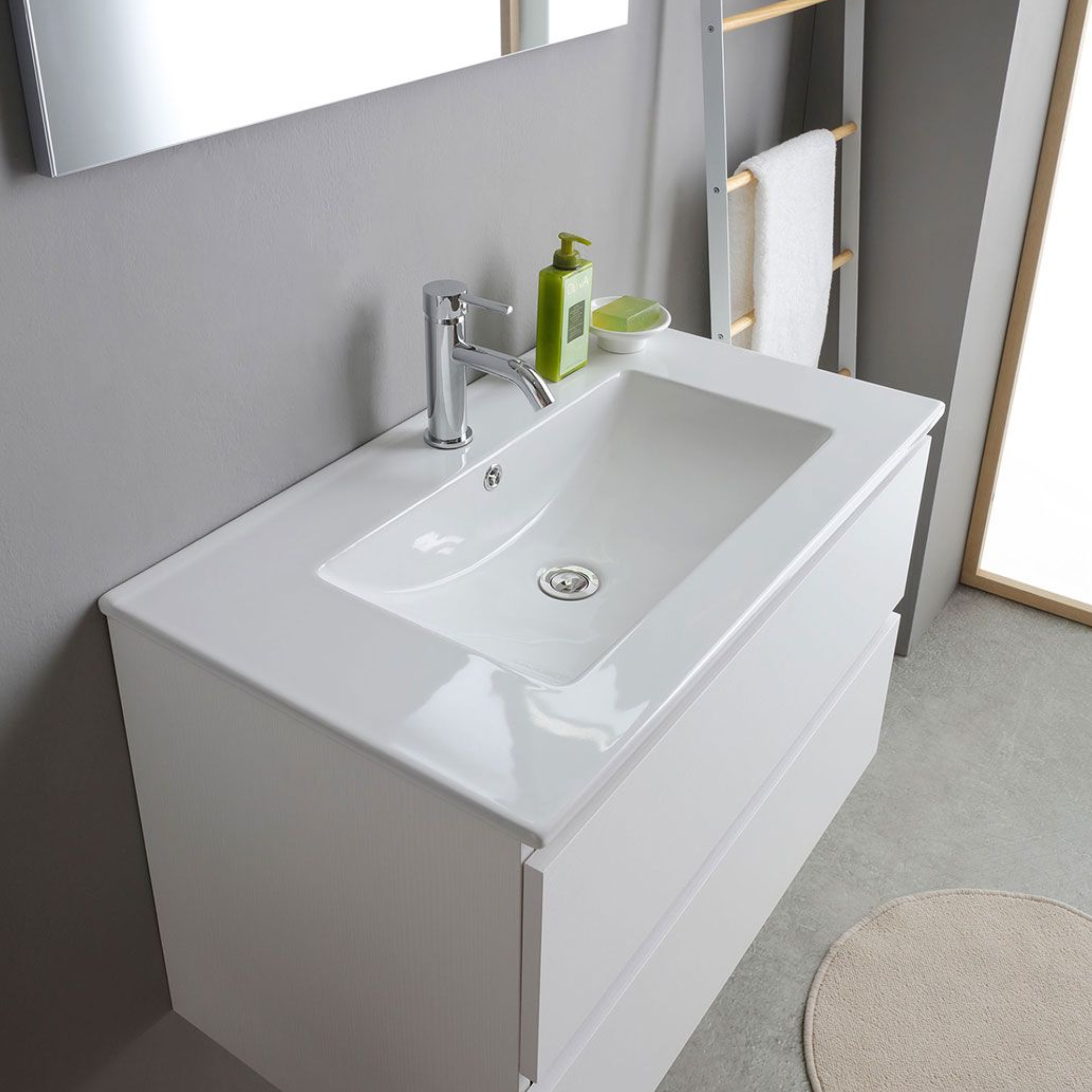 White "Havana Plus" bathroom cabinet with 2 drawers and integrated ceramic washbasin mirror, 80 cm