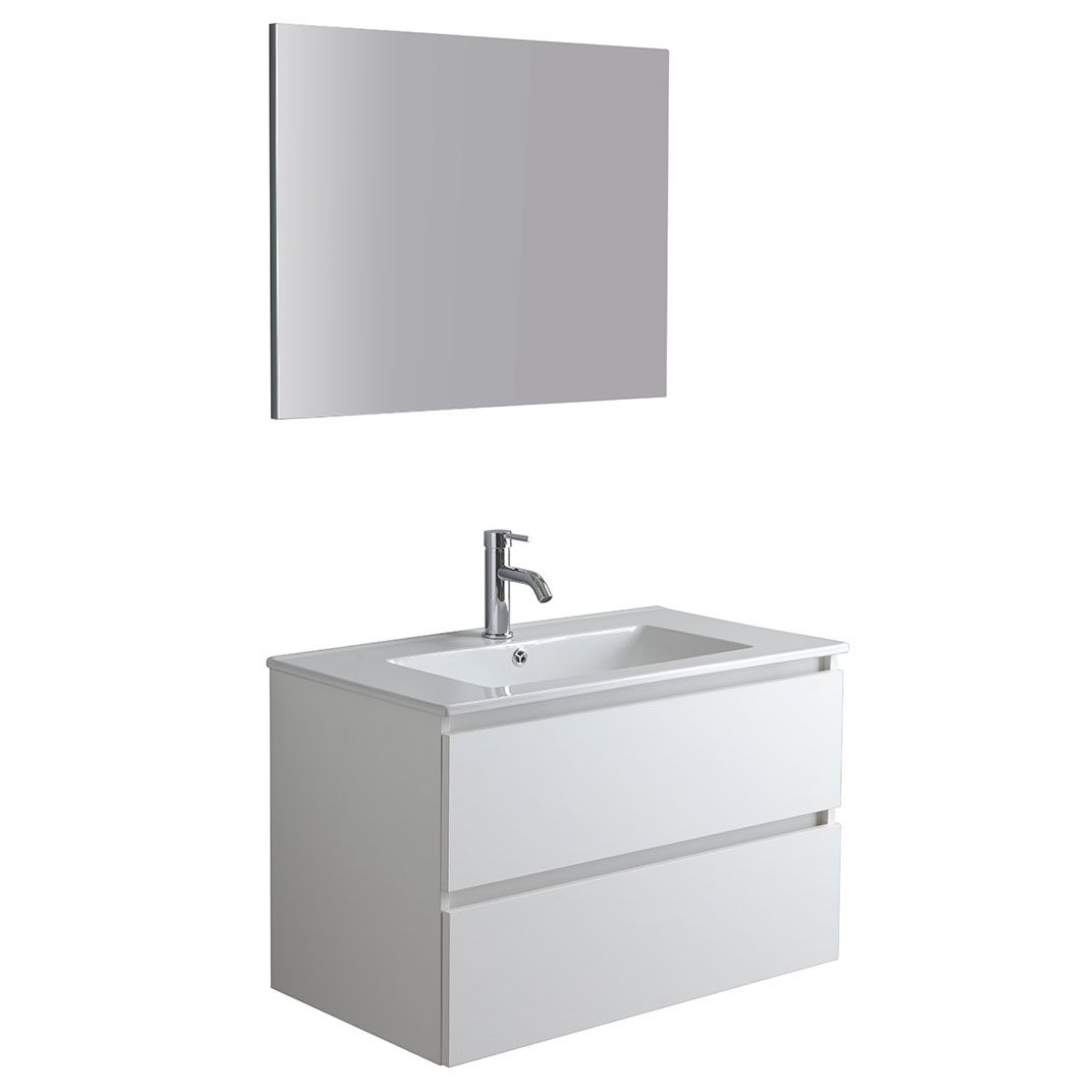 White "Havana Plus" bathroom cabinet with 2 drawers and integrated ceramic washbasin mirror, 80 cm