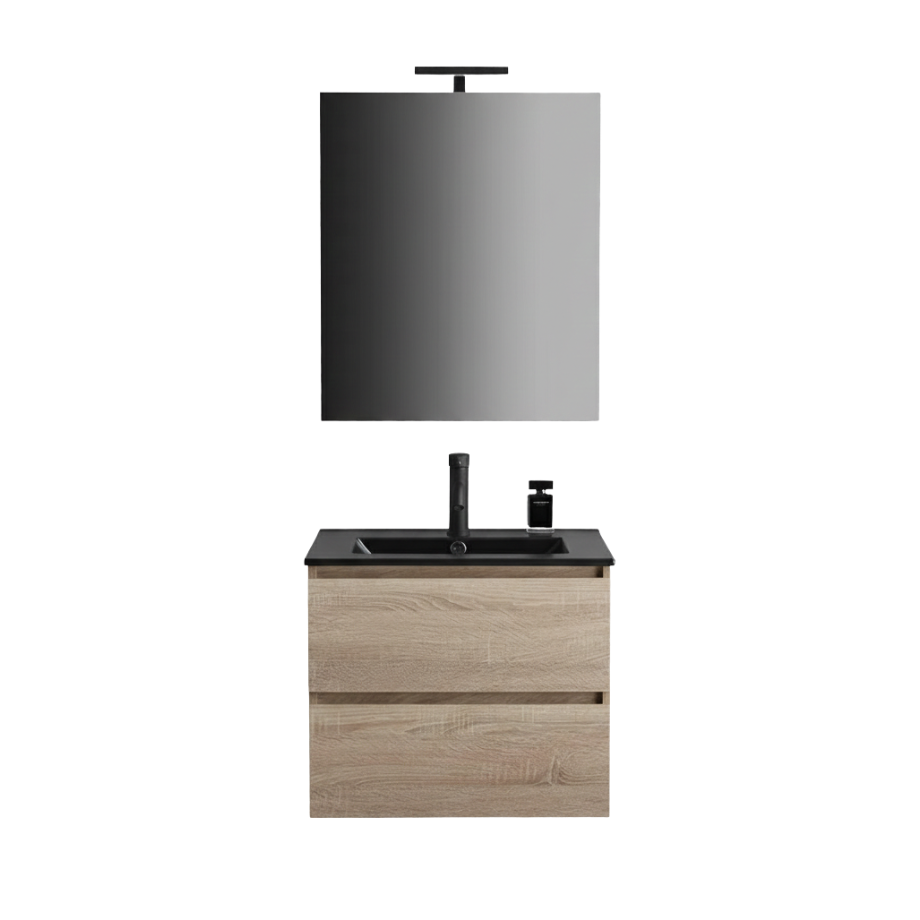 "Berlino60" oak-colored wall-hung bathroom cabinet with 2 drawers, black sink, and mirror