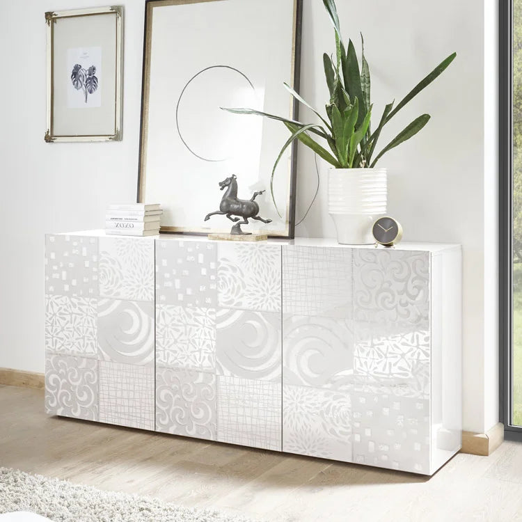 "Miro" grey silkscreened wooden living room sideboard with 3 doors, 181x42 cm, 84h