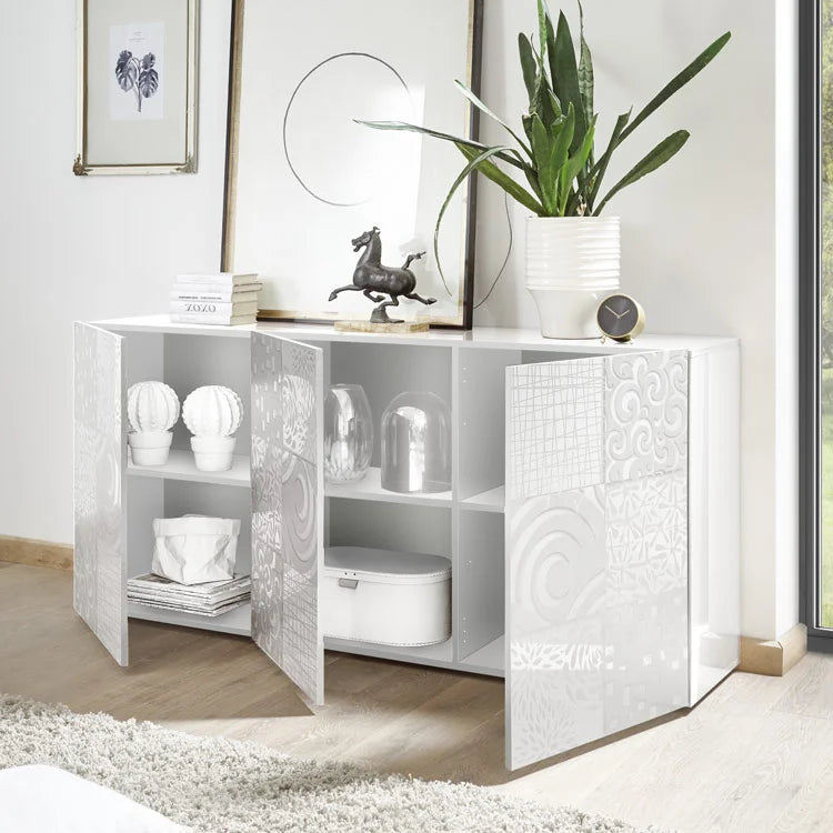 "Miro" grey silkscreened wooden living room sideboard with 3 doors, 181x42 cm, 84h