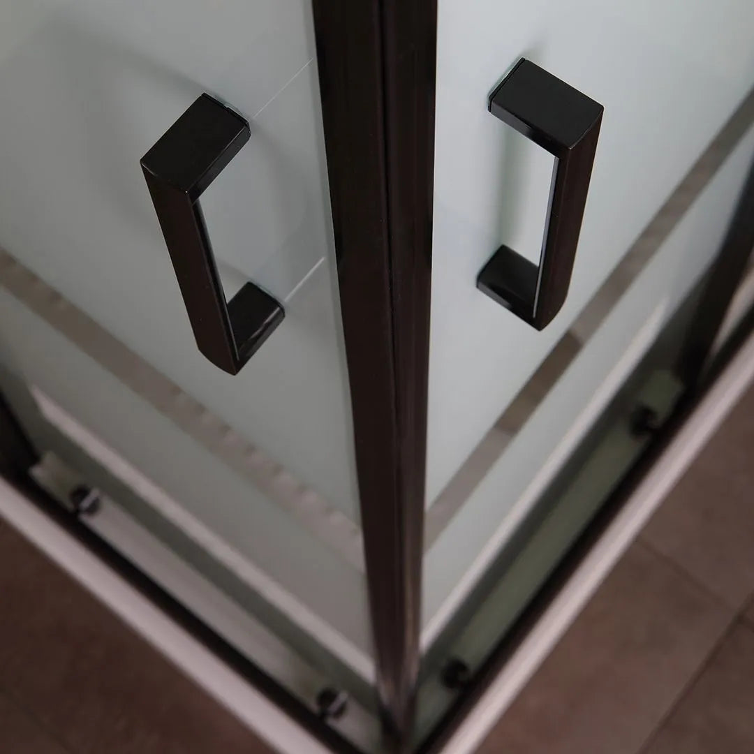 Modern "Cielo" sliding shower enclosure with silkscreened finish and matt black profile