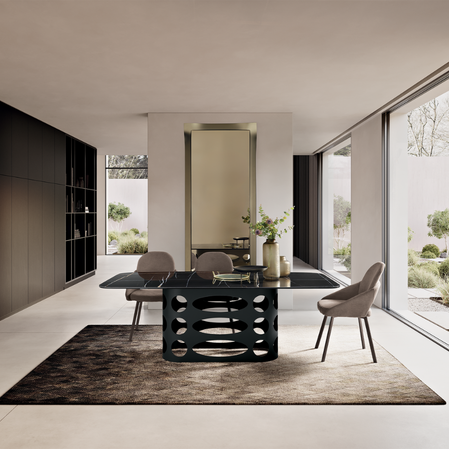 "Core" fixed dining table with glossy marble-effect ceramic top and perforated painted metal base, 210x110 cm, 75 cm high