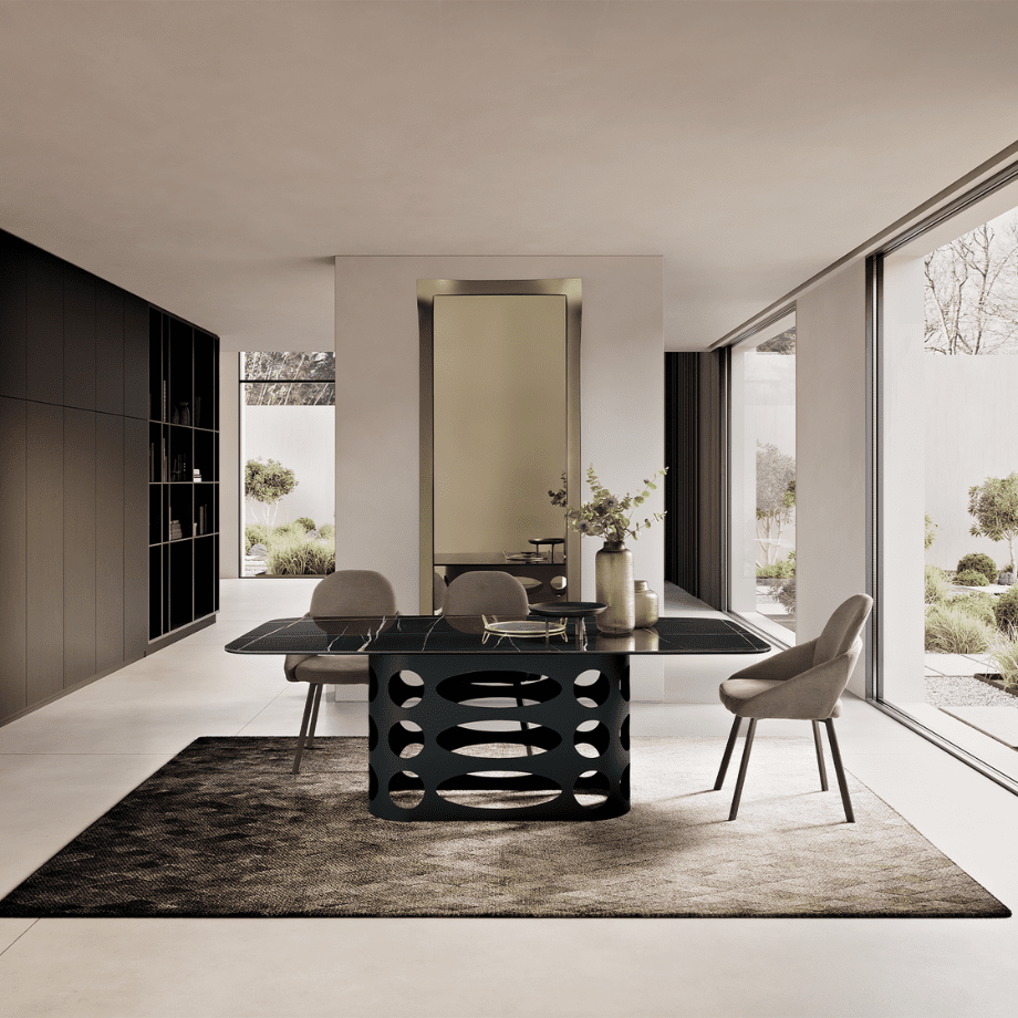 Tavolo fisso da pranzo "Core" con piano in ceramica effetto marmo lucido e base con trafori in metallo verniciato cm 210x110 75h - MondoViro