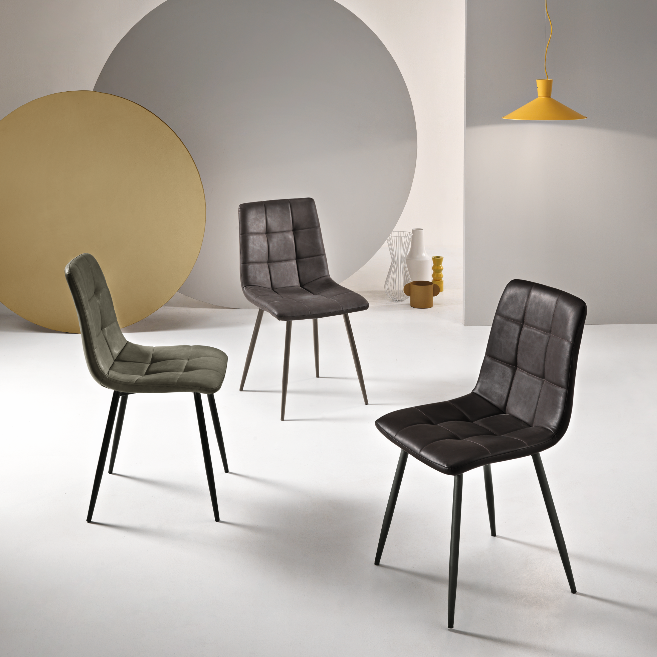Set of modern "Siviglia" chairs, painted metal frame, soft-touch eco-leather seat.