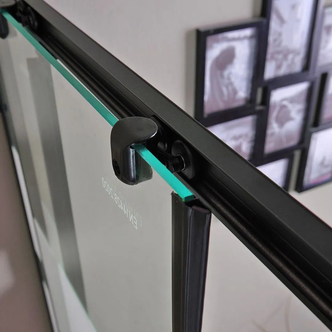 Modern "Cielo" sliding shower enclosure with silkscreened finish and matt black profile