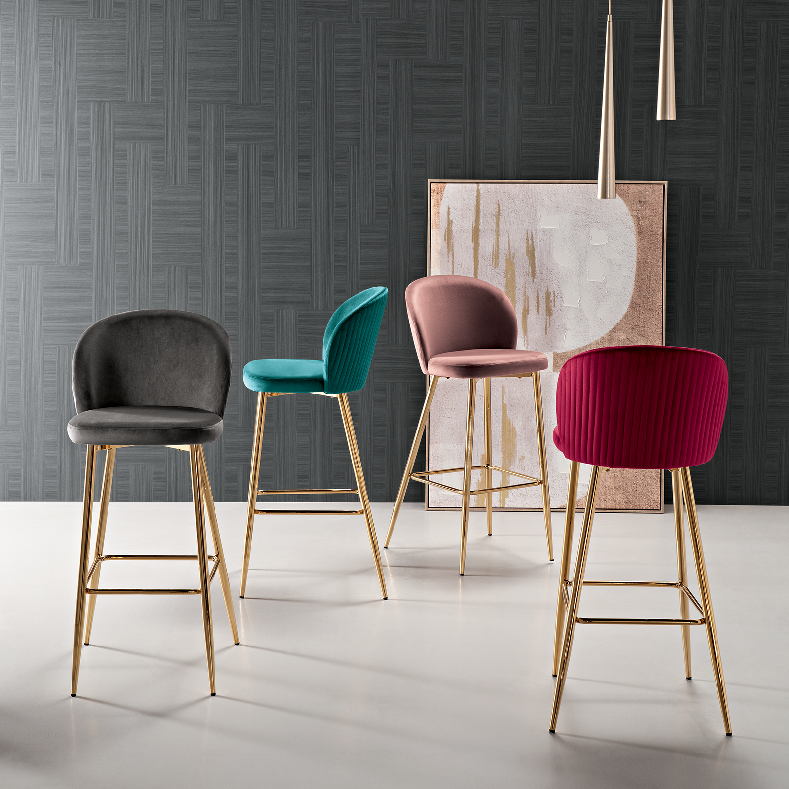 Set of "Jenny" velvet stools with gold metal frame, 48x53 cm, 93h