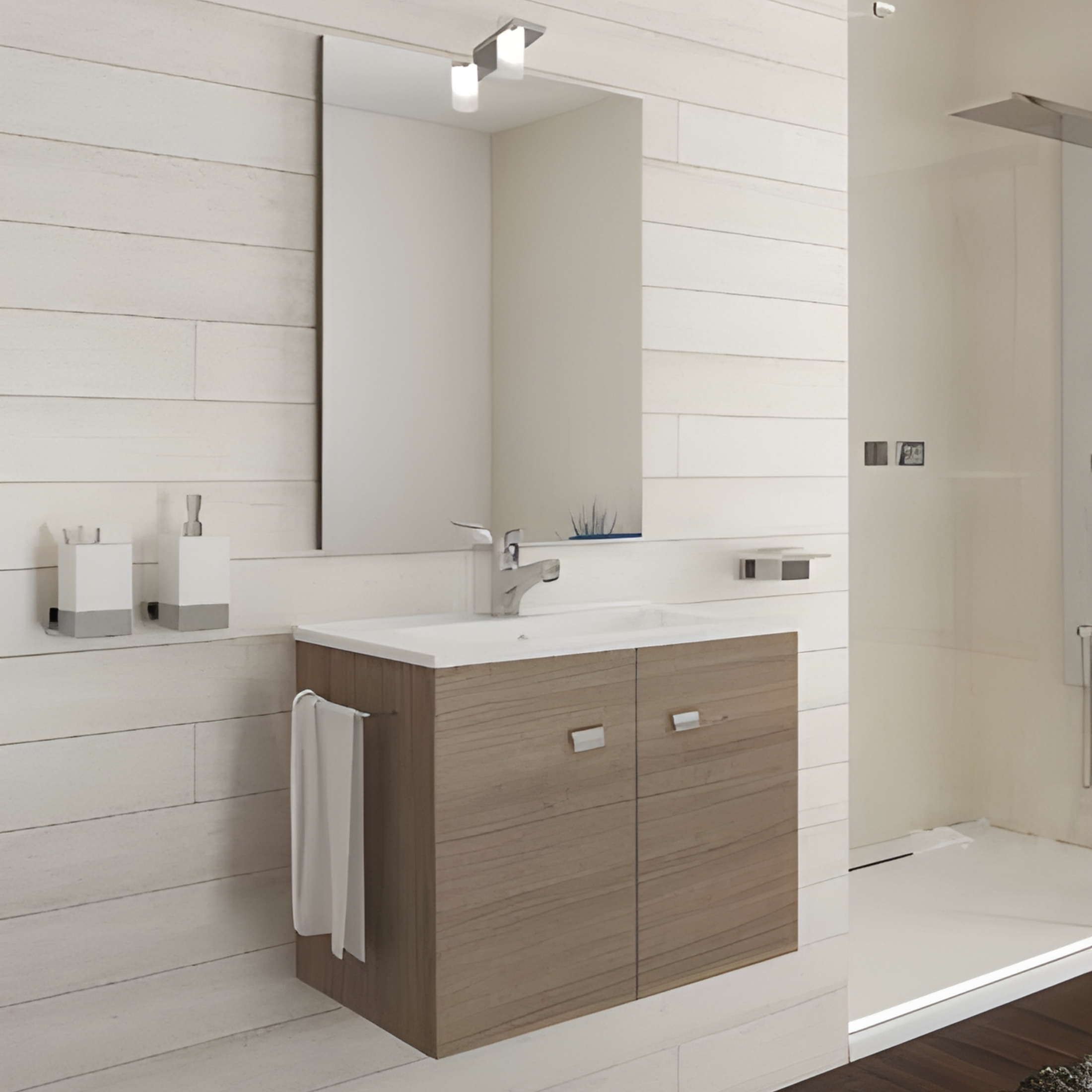 "Moa60" wall-hung bathroom cabinet with integrated rectangular sink, doors with chrome handles and LED mirror