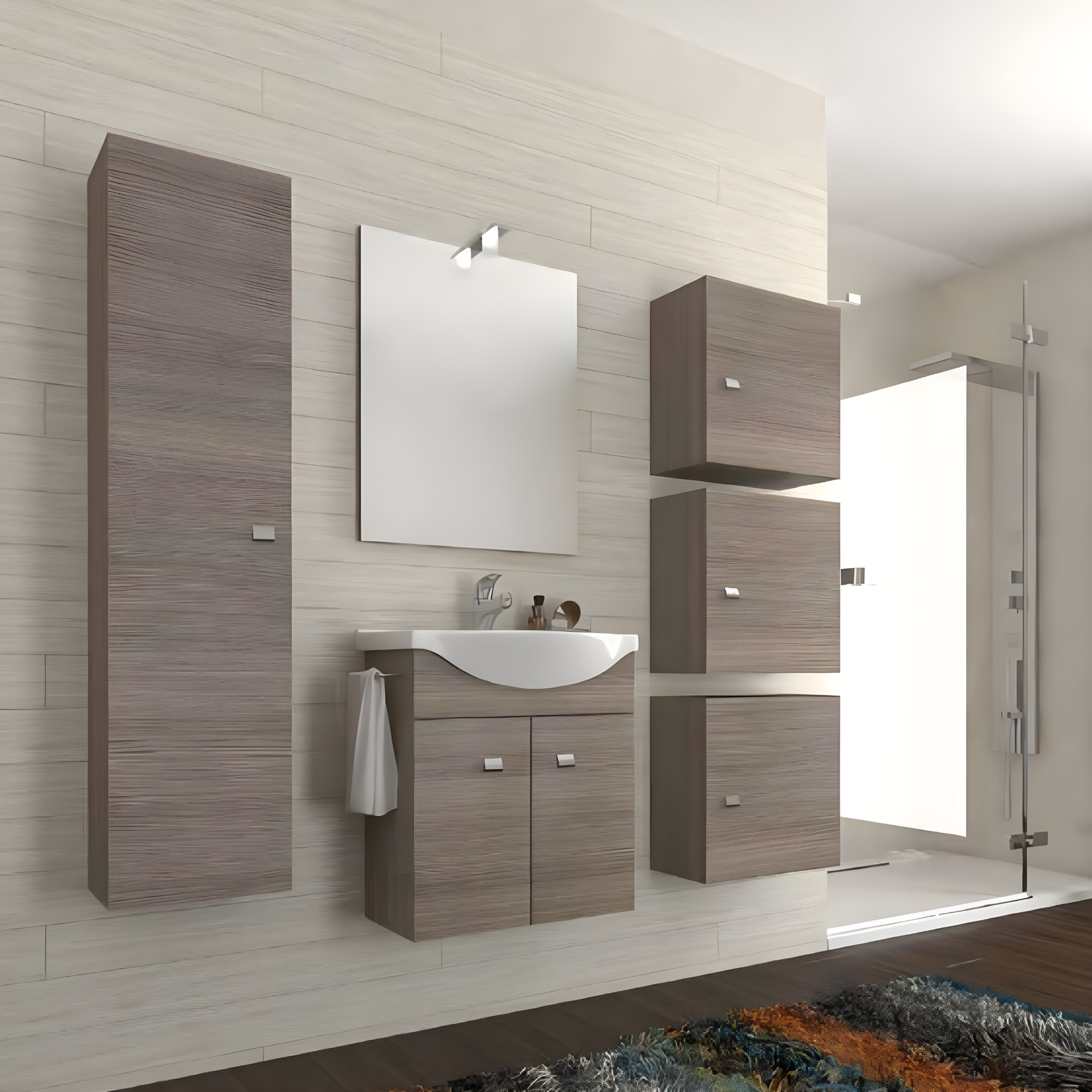 "Moa" wall-hung bathroom cabinets with glass shelves and 1 door