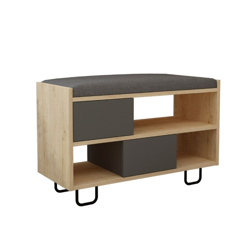 Low shoe bench "Troy" with oak structure and anthracite drop-leaf doors with cushion