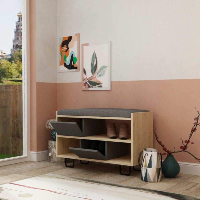 Low shoe bench "Troy" with oak structure and anthracite drop-leaf doors with cushion
