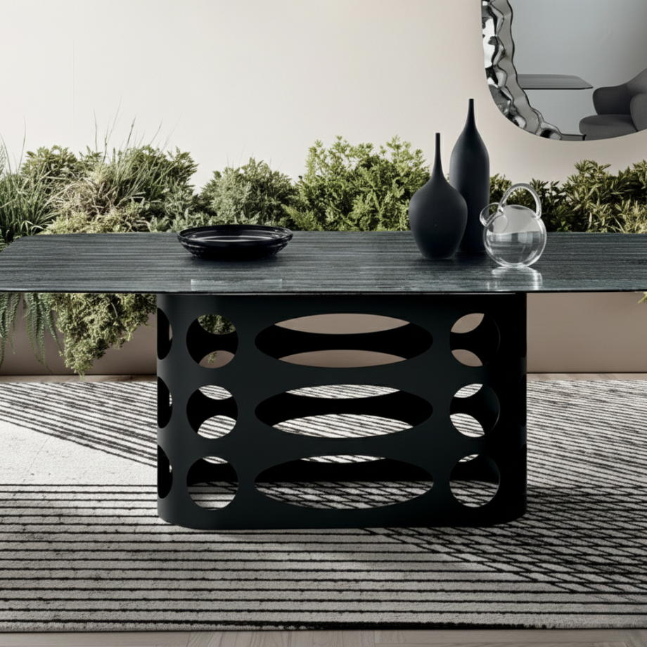 Fixed dining table "Master" with back-silvered ribbed glass top and perforated metal base, 210x110 cm, 75 cm high